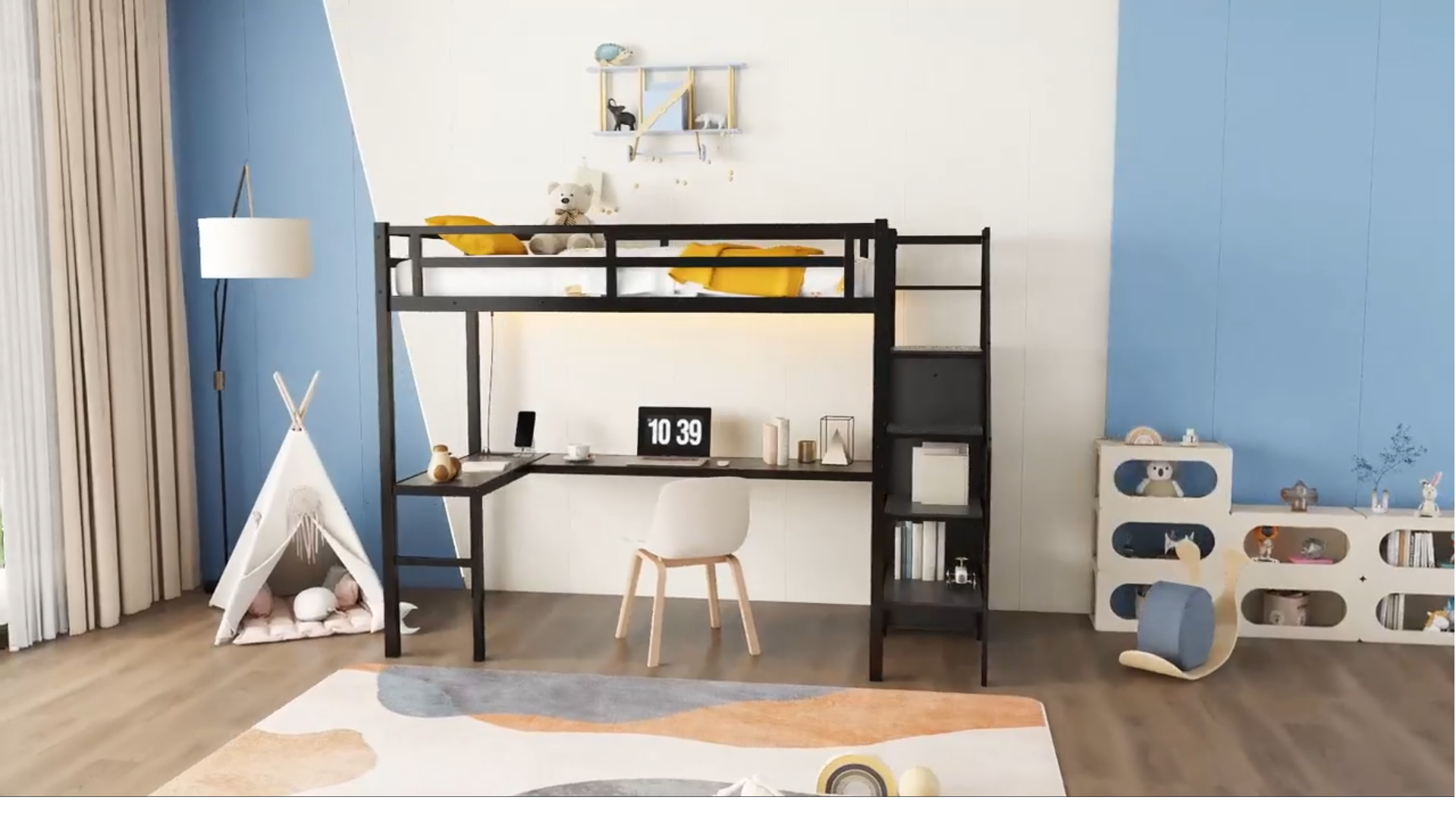 thumbnail video image 2 of DreamBuck Loft Bed, Twin XL Size Metal Loft Bed with Desk, LED Light and Charging Stations, Space-Saving Bed with Shelves, Wardrobe and Storage Stairs, Loft Bed for Teens, Adults, Bed for Room, Dorm, 2 of 16