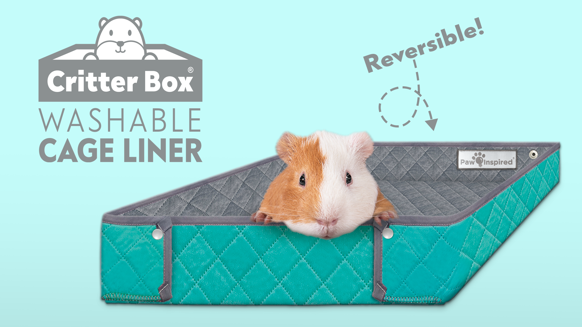 thumbnail video image 2 of Paw Inspired Critter Box Guinea Pig Cage Liner, Washable Reversible Fleece Bedding with Raised Walls, Leakproof Waterproof Bottom  (Midwest, Gray/Green), 2 of 8
