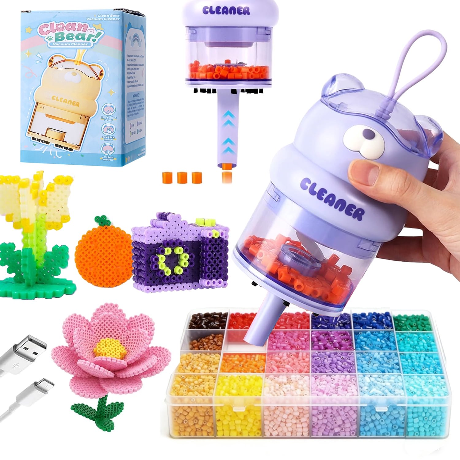 thumbnail video image 2 of LC-dolida Fuse Bead Set- Bead Sweeper & 24-color Fuse Beads with Brush and Silicone Rope, One-button Operation 2 Levels Suction Power Ergonomic for Kid Adult Gift for Fuse Bead Art Fan(Yellow), 2 of 7