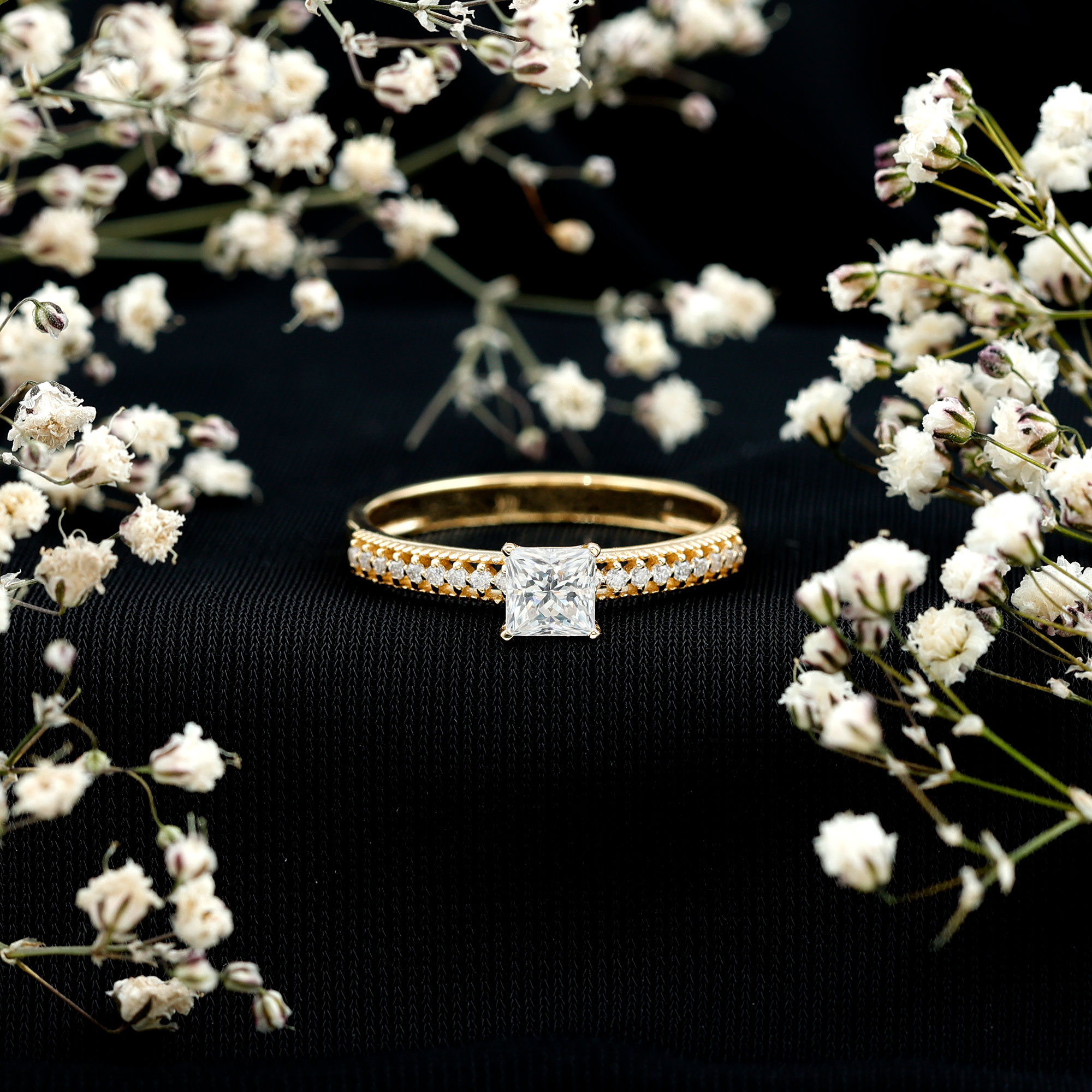 thumbnail video image 2 of Rosec Jewels Lab Diamond Princess Cut Engagement Ring with Side Stones - 5 MM - EF-VS Grade, 14K Yellow Gold, US 9.00, 2 of 9