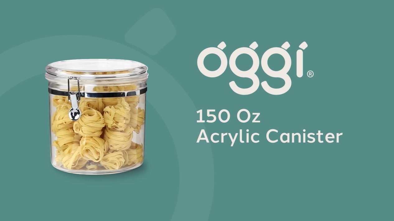 thumbnail video image 2 of oggi jumbo acrylic airtight canister with clamp - 150 ounce, 2 of 8