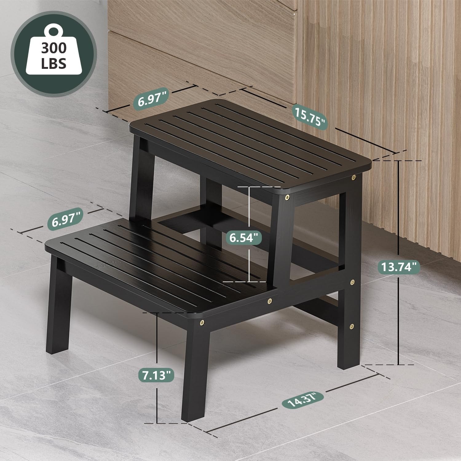 thumbnail video image 2 of Bambloom Bamboo Two Step Stool for Adults and Kids, Bed Stepstool with Anti-Slip Bottom, Heavy Duty for Kitchen, Bathroom, Bedside Step Stool, Wooden Step Stairs 300 lbs Capacity,Black, 2 of 9