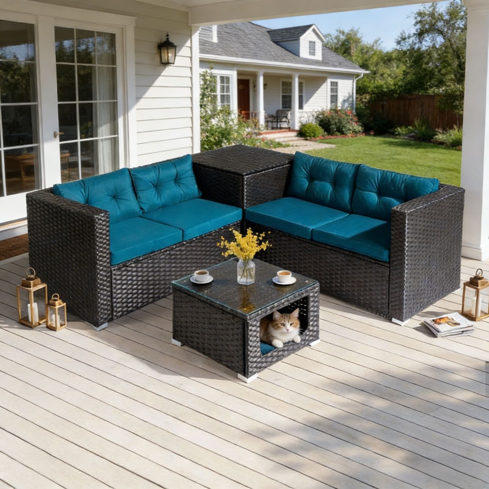thumbnail video image 2 of Ktaxon 4-Piece Patio Rattan Sofa Set, 2 Loveseats with Storage & Pet Coffee Table, Peacock Green Cushions, Black, 2 of 11