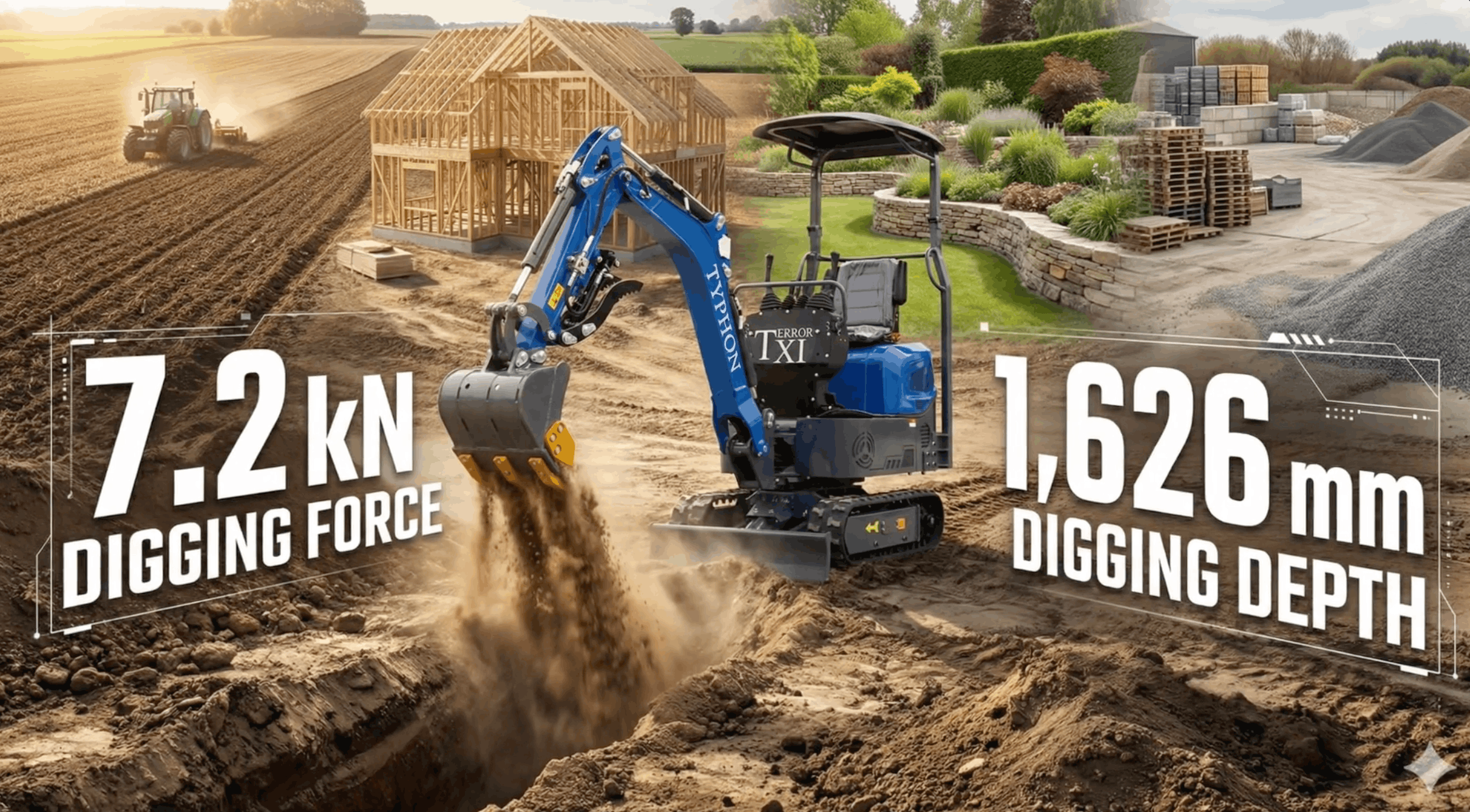 thumbnail video image 2 of TYPHON Storm Mini Excavator - 1.1 Ton Trench Digger with Boom Swing, Bucket, 2 of 12