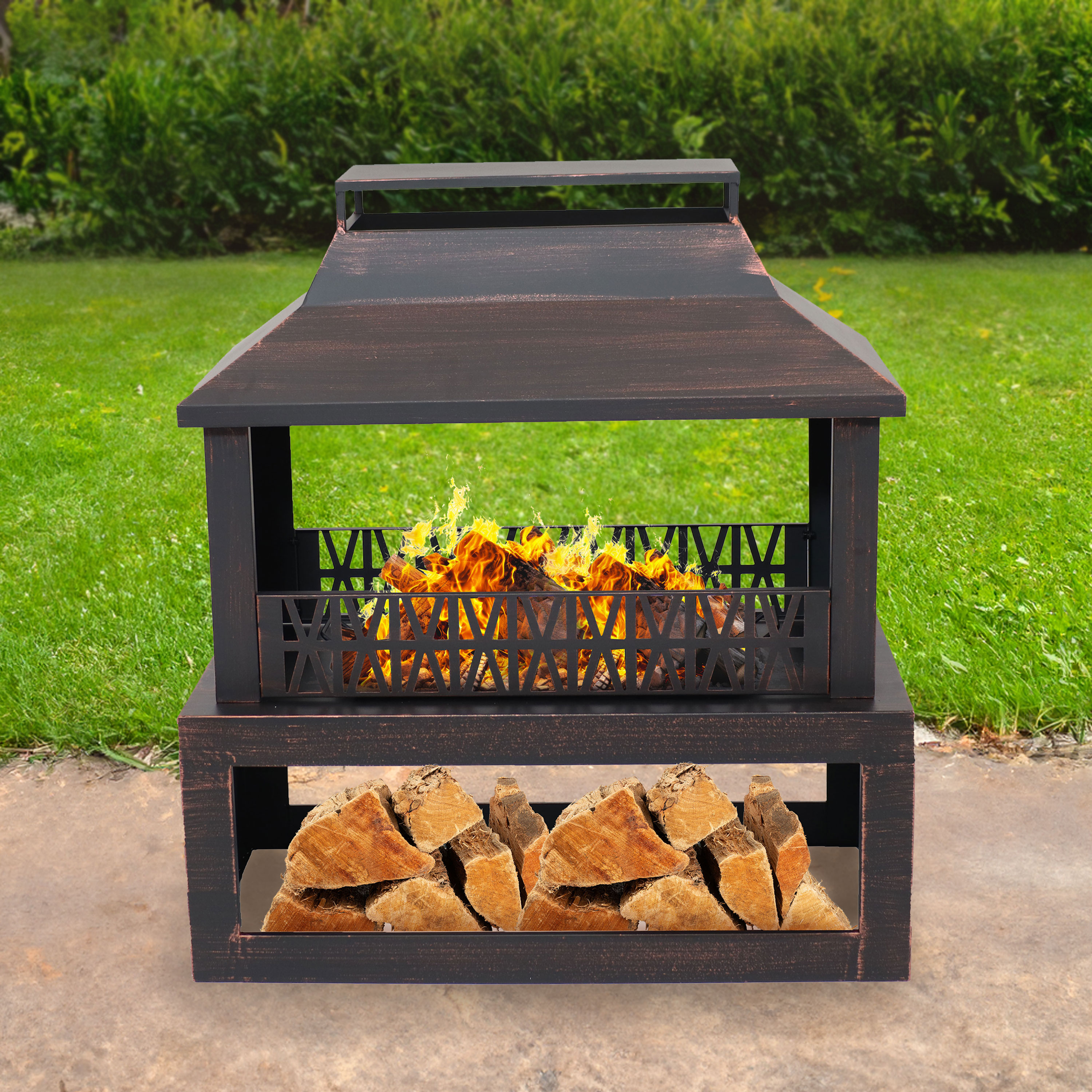 thumbnail video image 2 of Sunnydaze Backyard Blaze 29" Rectangle Bronze Finish Steel Outdoor Fireplace with Log Storage, 2 of 15