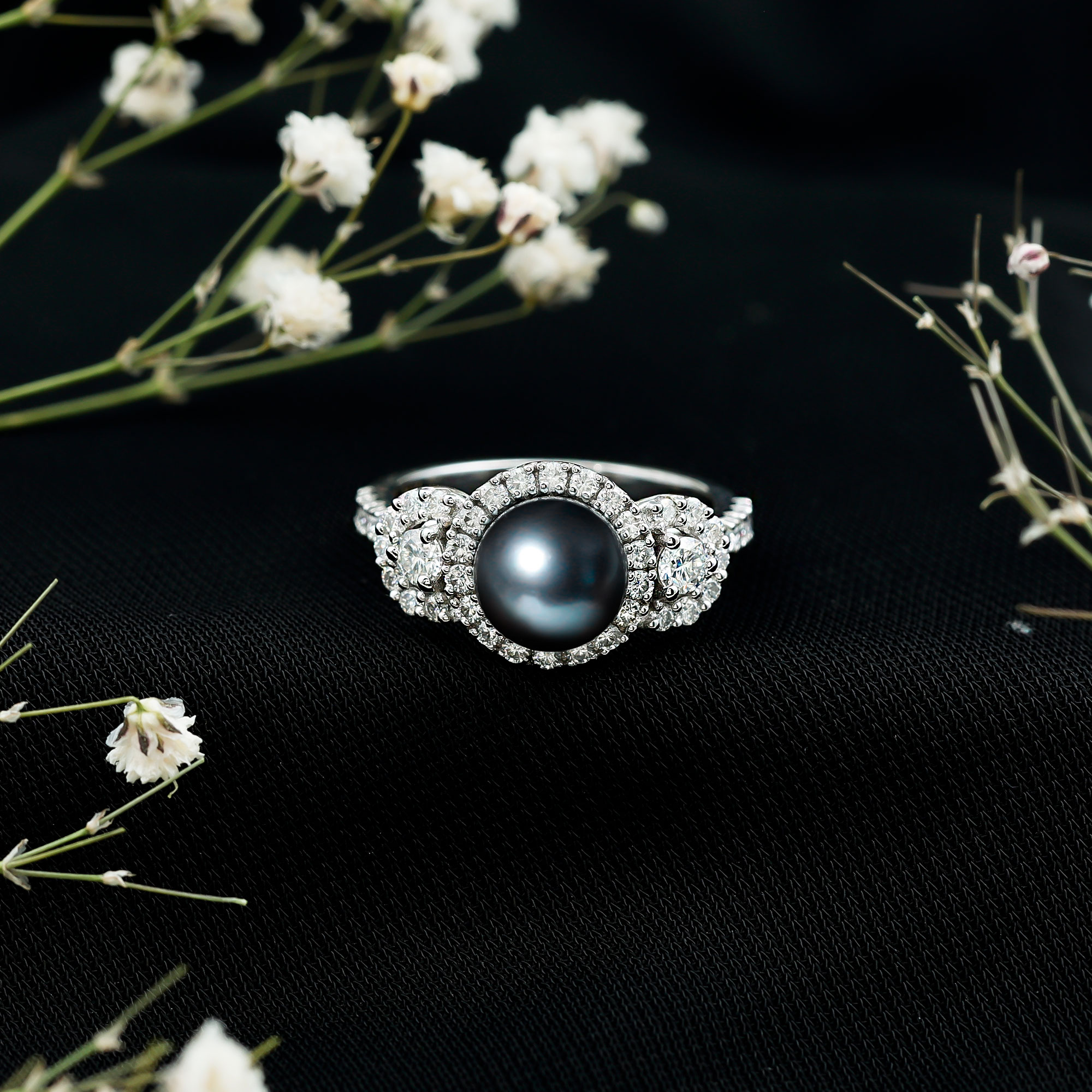 thumbnail video image 2 of Rosec Jewels Tahitian Pearl Engagement Ring with Moissanite - 8 Carat - Black Pearl Ring - AAA Quality - with Jewelry Box, 18K White Gold, US 12.50, 2 of 9