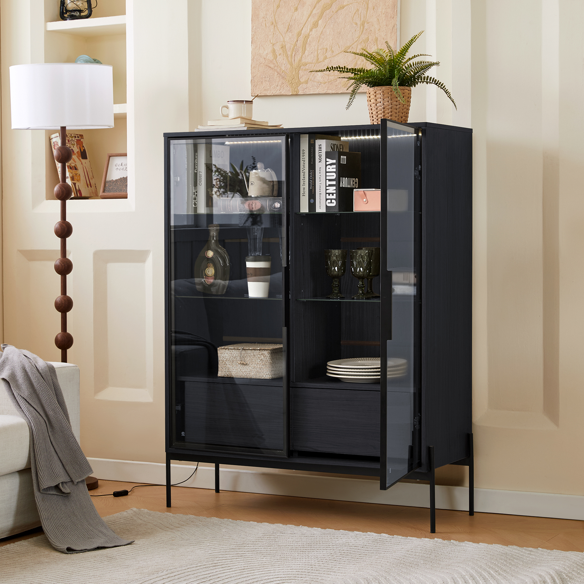 thumbnail video image 2 of Montary 51.2" LED Curio Cabinet with Tempered Glass Door & Metal Legs, Modern Minimalist for Living Room/Office/Study, Walnut, 2 of 15