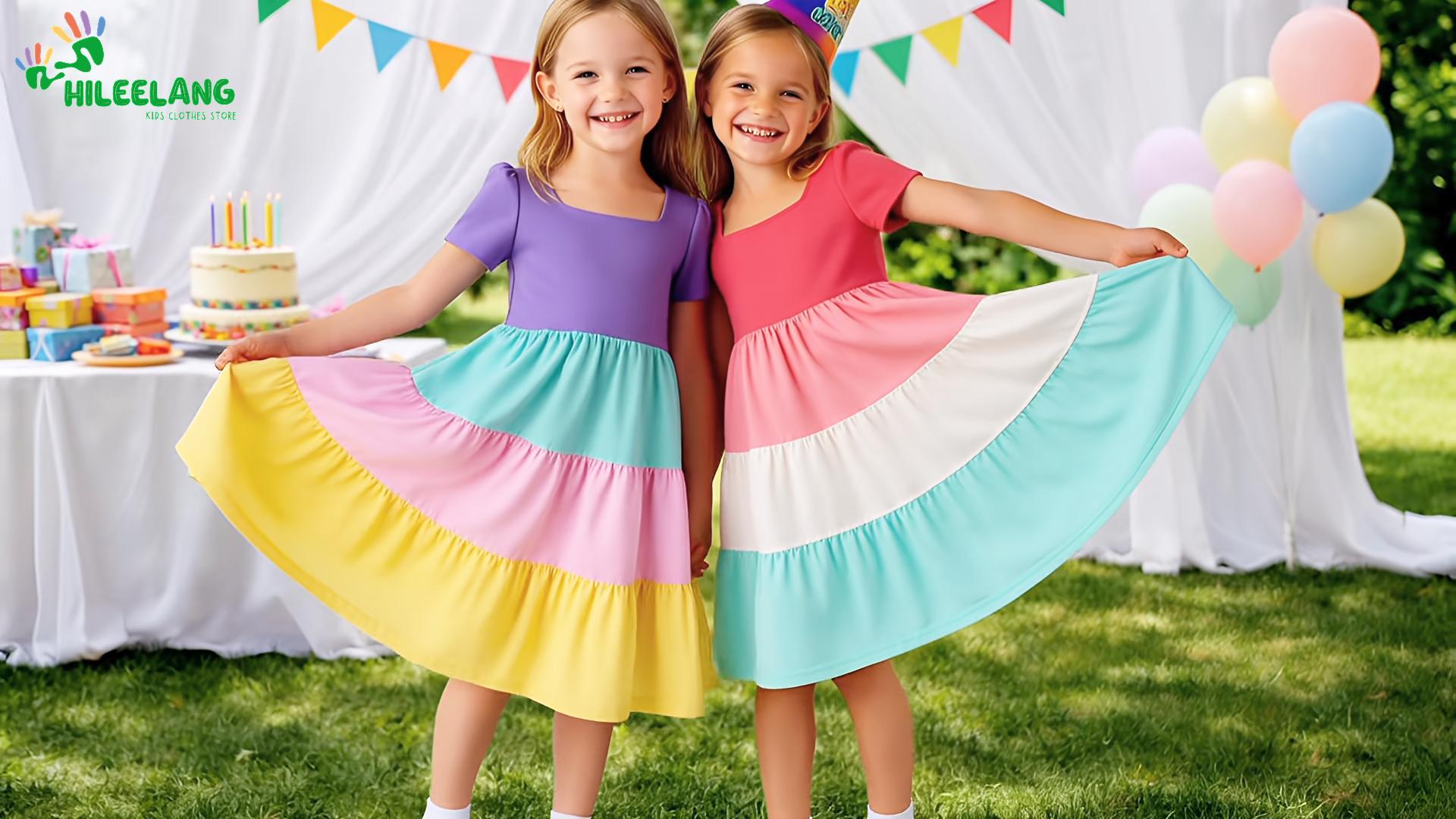 thumbnail video image 2 of HILEELANG Toddler Girls 2-8T 100% Cotton Tiered Dress Solid Navy Short Sleeve Casual Dress Size 3T, 2 of 11