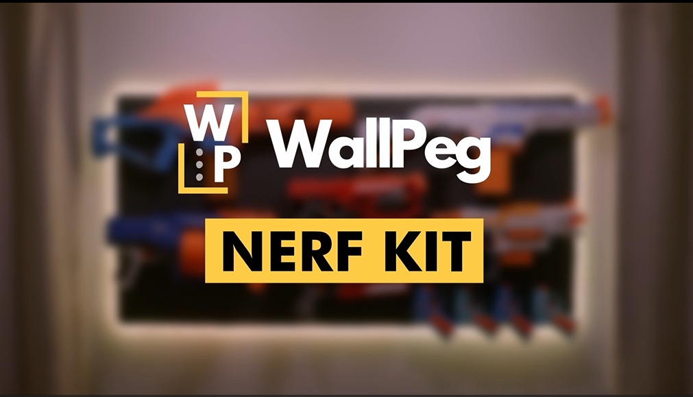 thumbnail video image 2 of WallPeg Nerf Organizer Accessory Kit – 6 Large Cobalt Blue Pegboard Bins Ammo Storage & 20 Jumbo Peg Hooks for Mounting Nerf Blasters, 2 of 9