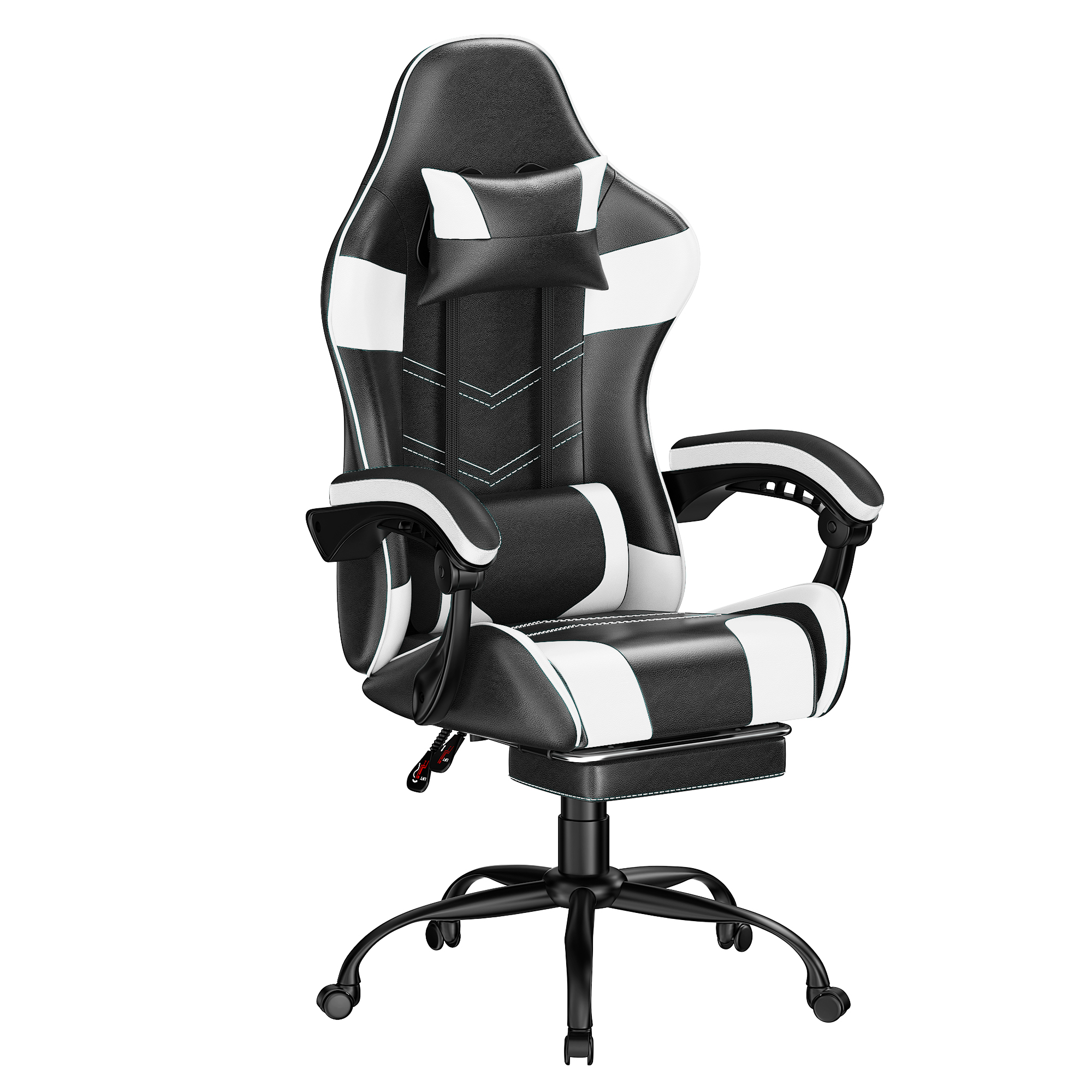 thumbnail video image 2 of Frovlni Ergonomic Gaming Chair with Footrest for Adults, Height Adjustable High Back Reclining PU Leather Office Chair with Headrest and Lumbar Support, Black & White, 2 of 10
