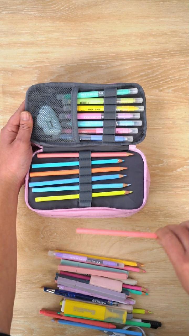 thumbnail video image 2 of ZIPIT Half & Half Pencil Case for Girls, Aesthetic 3 Compartment Zipper Pouch for School, Stationery Bag for Teen and Adults, Pink, 2 of 7