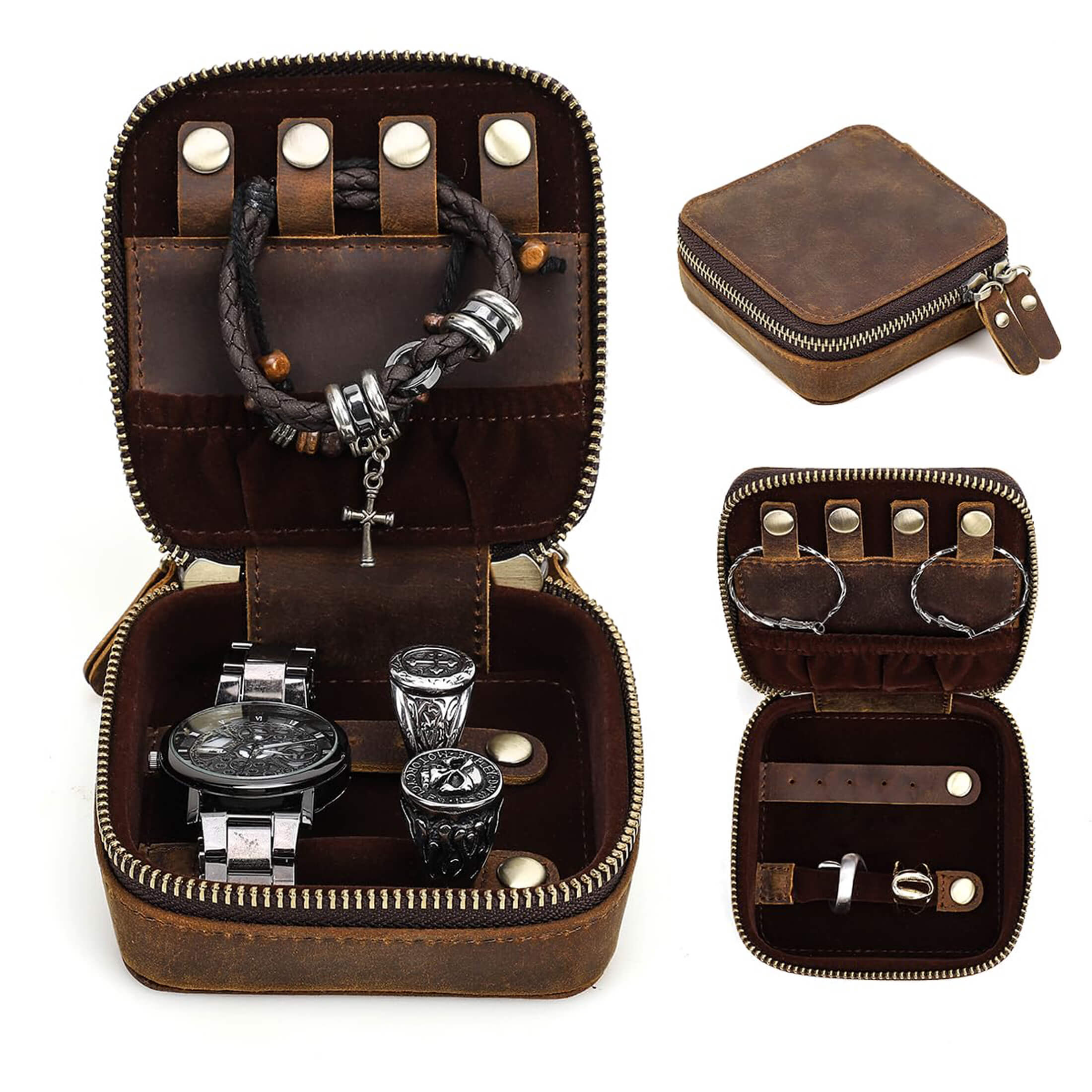 thumbnail video image 2 of Hiram Crazy Horse Leather Travel Jewelry Case Small Jewelry Box Travel Organizer for Rings, Necklaces, Earrings Watches Storage Case (Dark Brown), 2 of 8