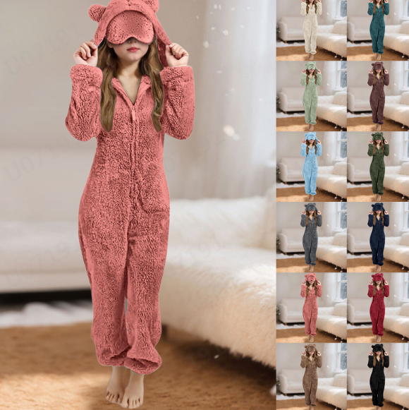 thumbnail video image 2 of HNMKIU Cozy Hooded Pajamas with Eye and Cat Ears Winter Sleepwear Jumpsuit Girls Pajamas for Kids Children 01_Sky Blue,5-6 Years, 2 of 7