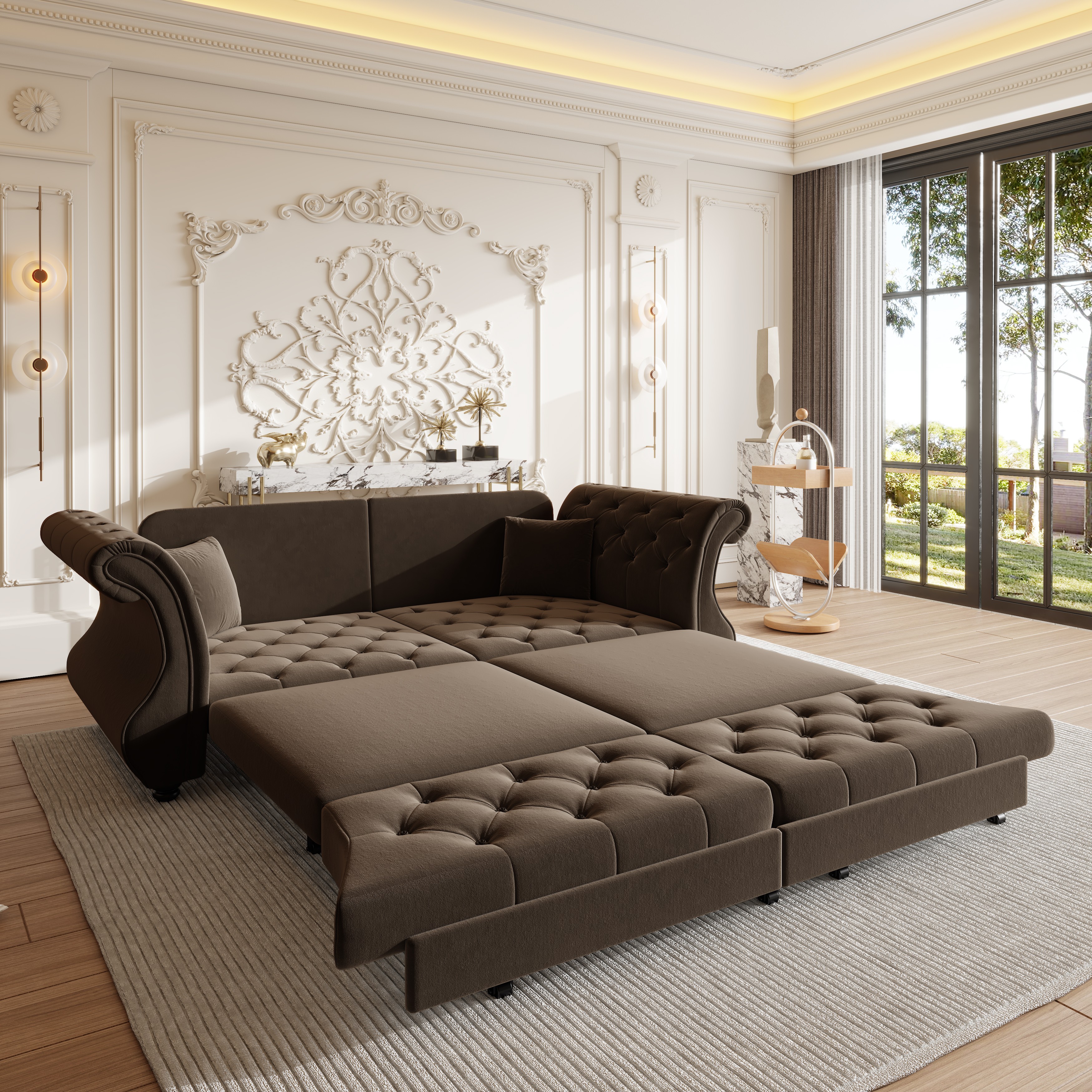 thumbnail video image 2 of Eyisean 97.6'' Sleeper Sofa Bed California King Size, Flower Tufted Pull Out Couch, Chesterfield Velvet Futon Couches, Convertible Modern 3 seat Sofa, 3 Pillows for Living Room, 2 of 11