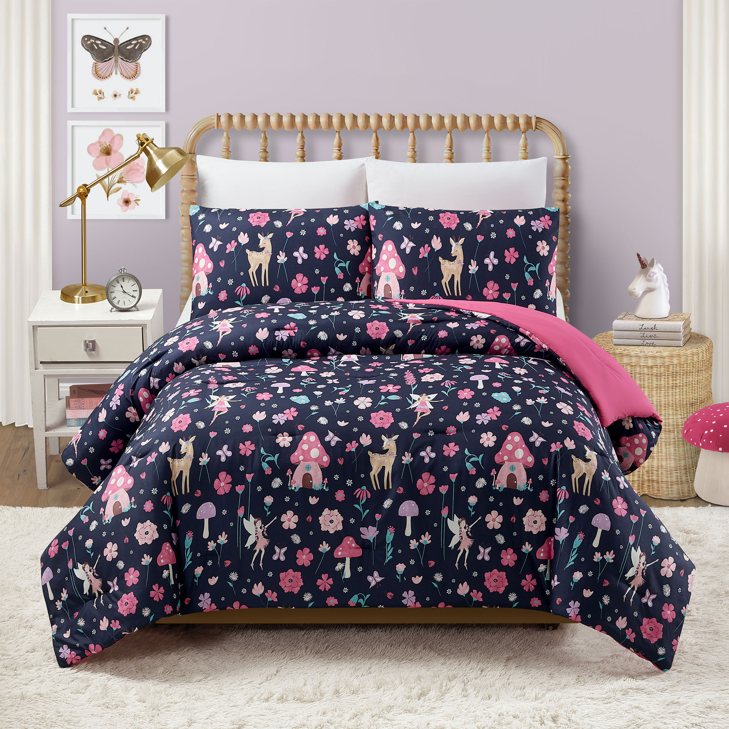 thumbnail video image 2 of Urban Playground Kids Fairy Garden 3-Piece Comforter Set, Navy/Pink, Full/Queen, 2 of 8