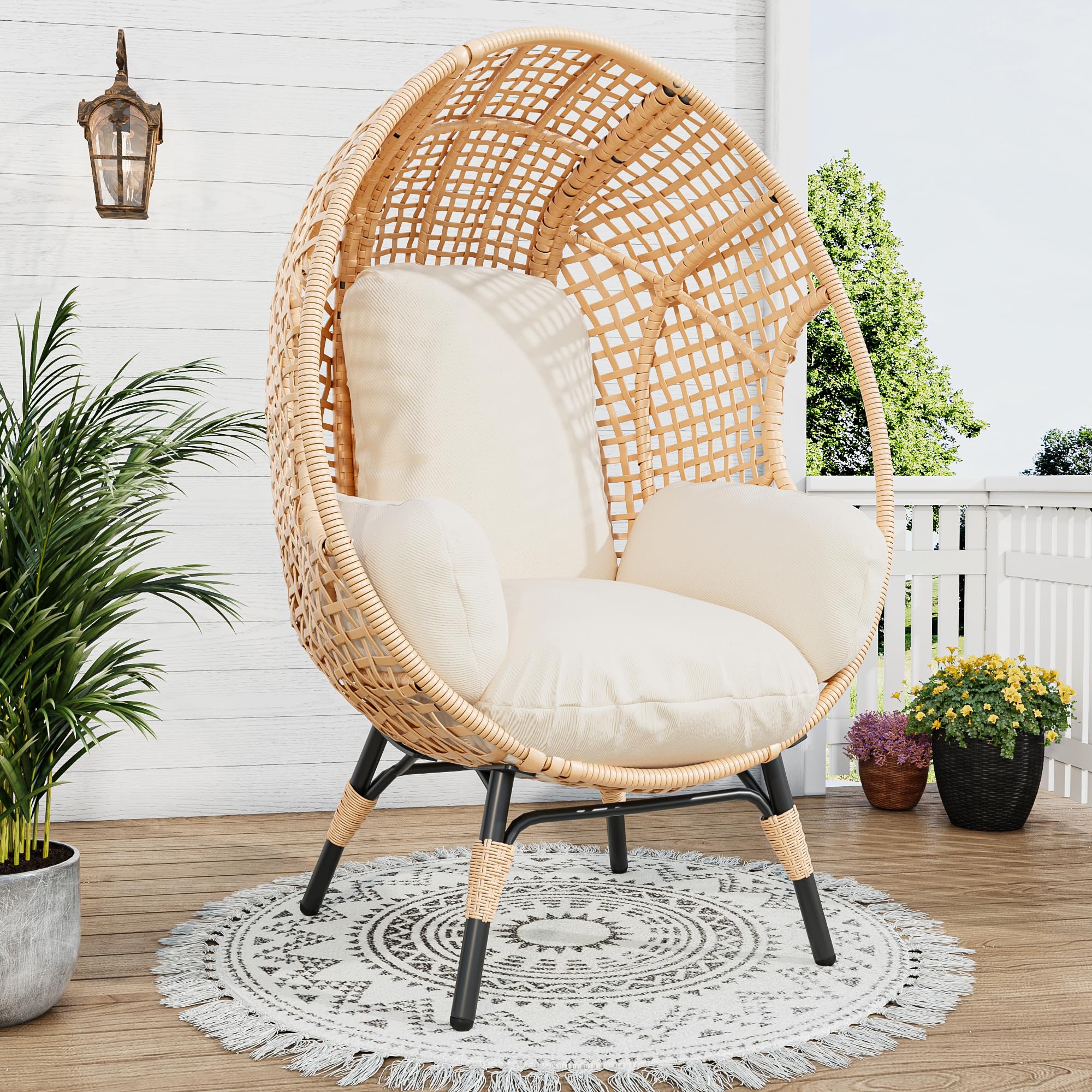 thumbnail video image 2 of TQKVIPI Oversized Wicker Egg Chair Outdoor Indoor,Patio Lounge Chair with Thicken Cushions & Durable Steel Frame, Egg Basket Chair 500lbs Capacity for Garden, Backyard, Porch,Bedroom (Beige-Plaid), 2 of 11