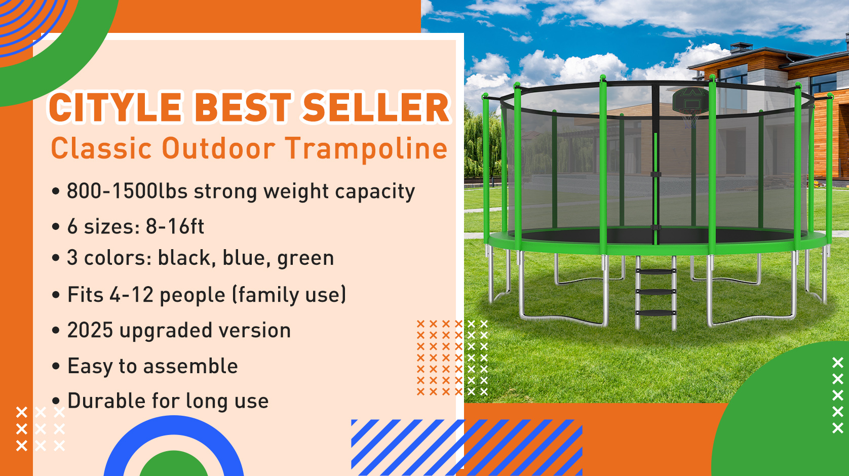 thumbnail video image 2 of CITYLE Trampoline 12FT 14FT 15FT 16FT 1500LBS Trampoline for Adults Kids Trampolines with Basketball Hoop, Outdoor Heavy Duty Trampoline with Enclosure, Easy to Install & Last Long, 2 of 8