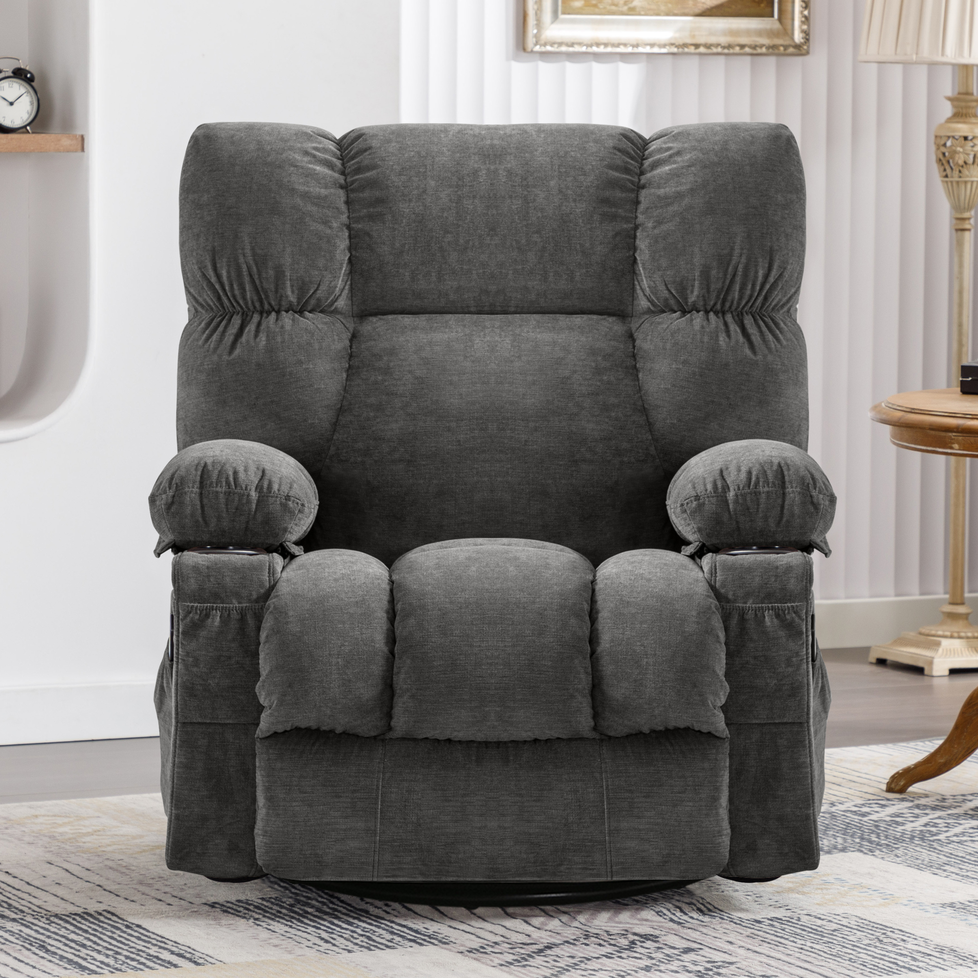 thumbnail video image 2 of JONPONY Massage Swivel Rocker Recliner Chair with Vibration Massage and Heat Ergonomic Lounge Chair for Living Room with Rocking Function and Side Pocket, 2 Cup Holders, USB Charge Port,Grey, 2 of 13