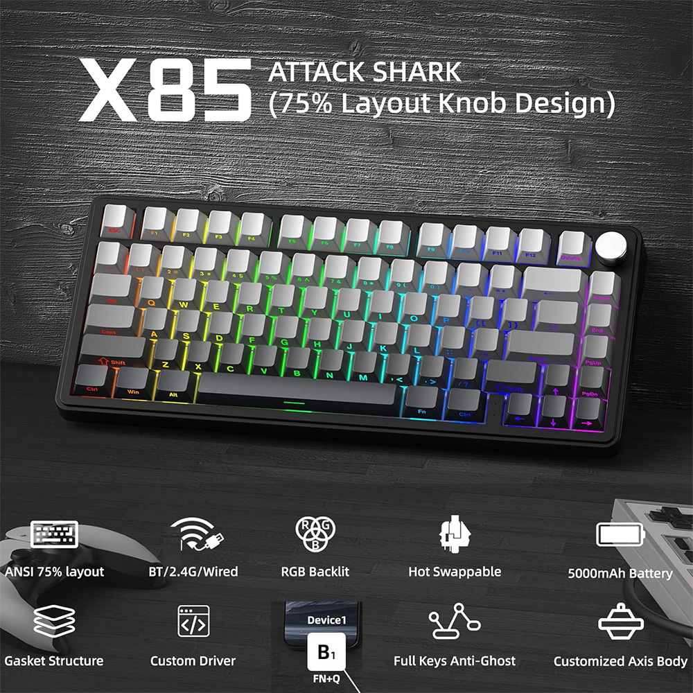 thumbnail video image 2 of ATTACK SHARK X85 Wireless Mechanical Keyboard 75% Gasket-mounted Bluetooth 5.1/2.4G Wireless & Type-C Wired Mechanical Keyboard, 2 of 11