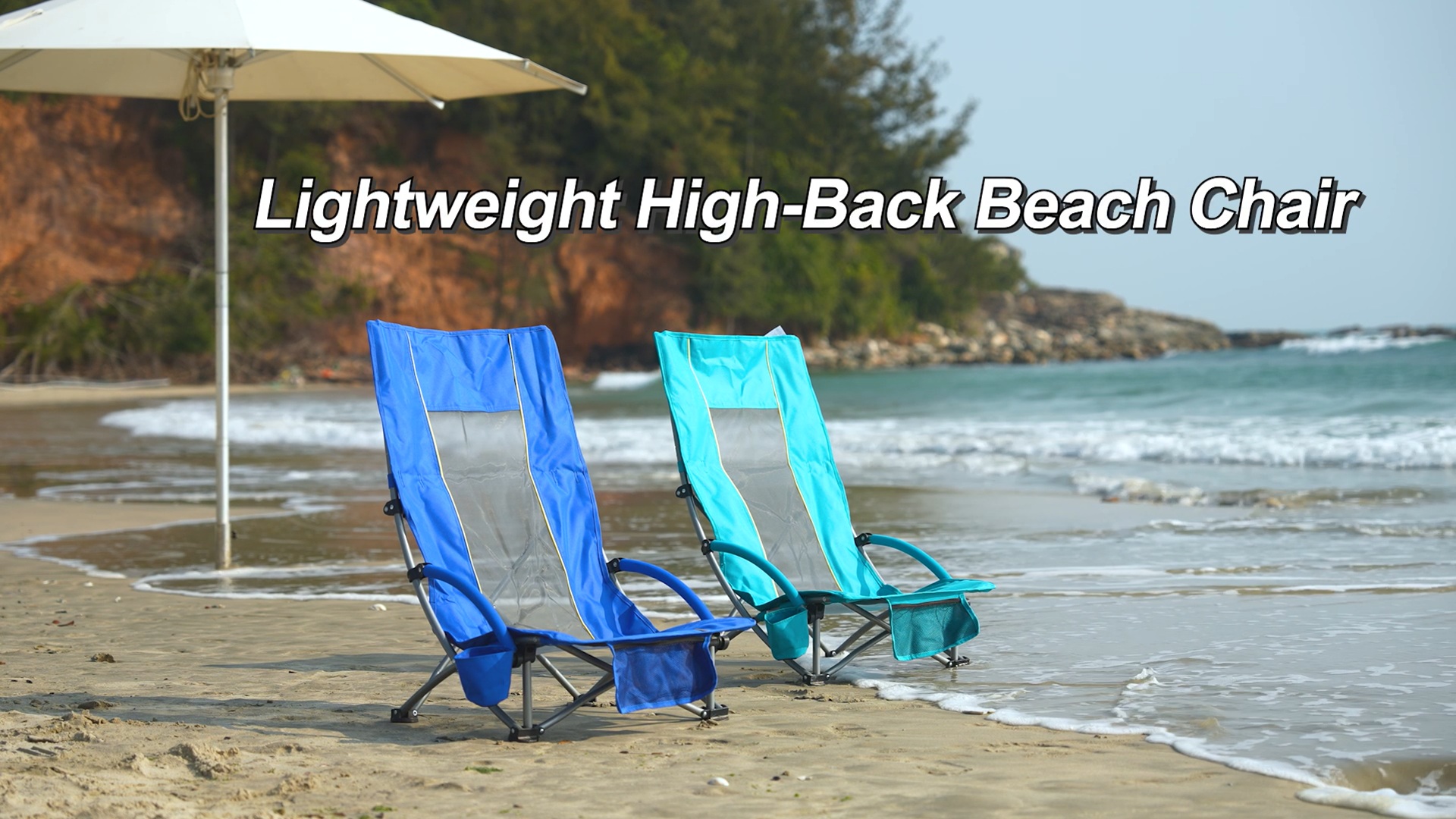 thumbnail video image 2 of SUNSPIRE Beach Chair for Adults Low Back Portable Folding Camping Chair with Cup Holder & Carry Bag for Outdoor Beach Picnic Travel 2-Pack Teal, 2 of 9
