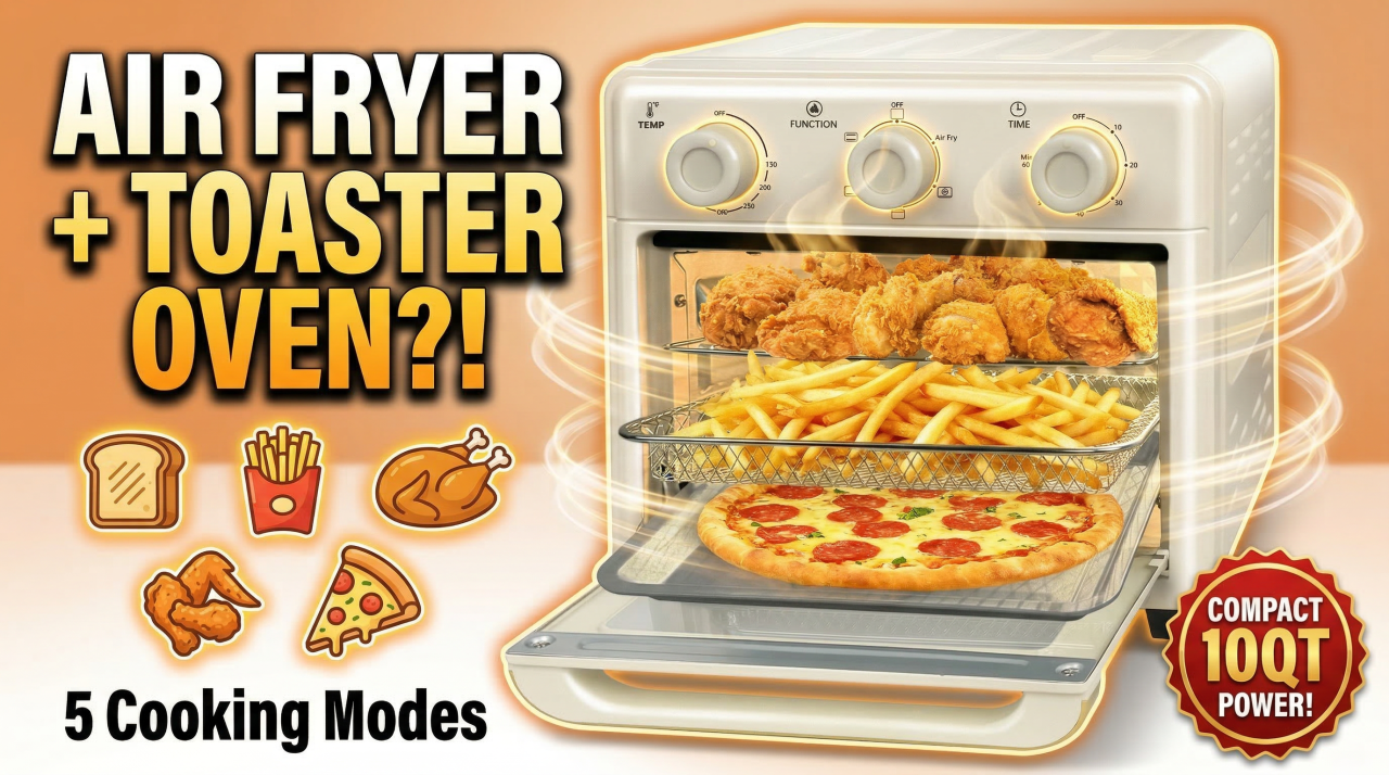 thumbnail video image 2 of MFVV 10.6QT Toaster Oven Air Fryer Combo,1000W Air Fryer Oven Combo ,3-Layer Cooking,Ideal For Small Kitchen,3 Knob Control & Visible Window, 2 of 9