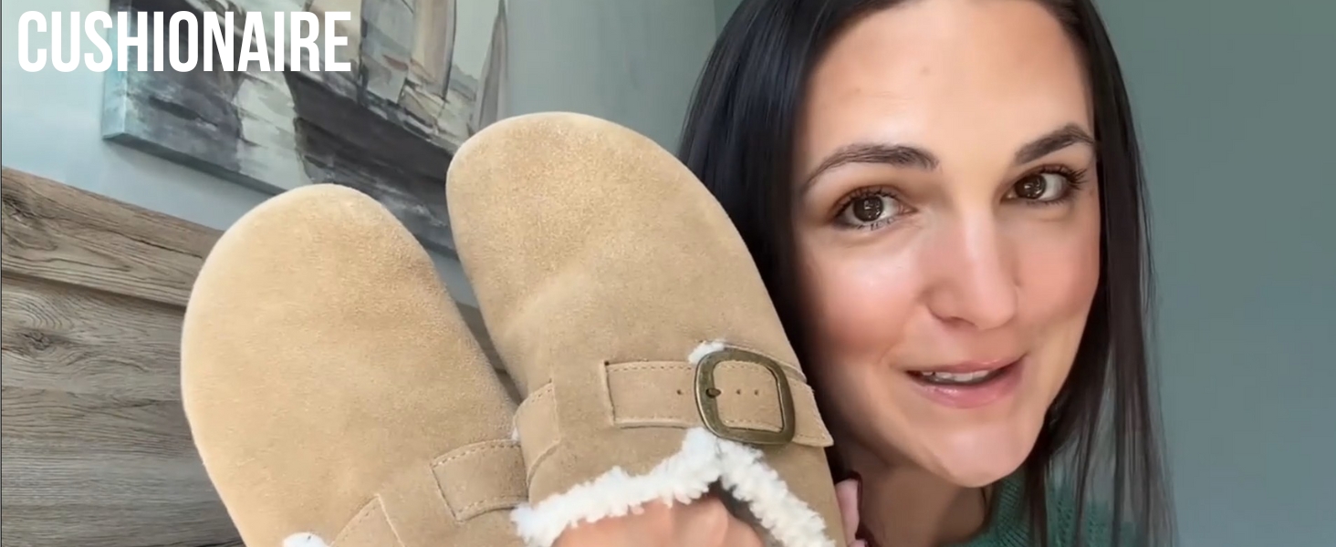 thumbnail video image 2 of Cushionaire Haven Genuine Leather Clogs for Women – Faux Fur Lined Slip-On Womens Shoes with Cork Footbed and Adjustable Buckle, 2 of 20