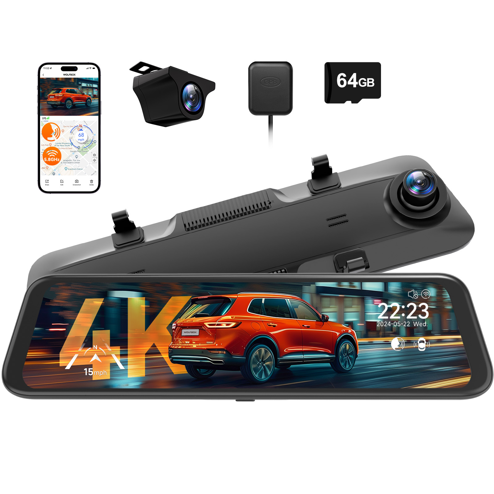 thumbnail video image 2 of WOLFBOX 4K Mirror Dash Cam with 5.8GHz WiFi, Voice Control, Smart Rear View Mirror with ADAS and BSD, 12 inches Rear View Mirror Camera, Free 64GB Card, GPS, G-Sensor, Loop Recording, 2 of 9