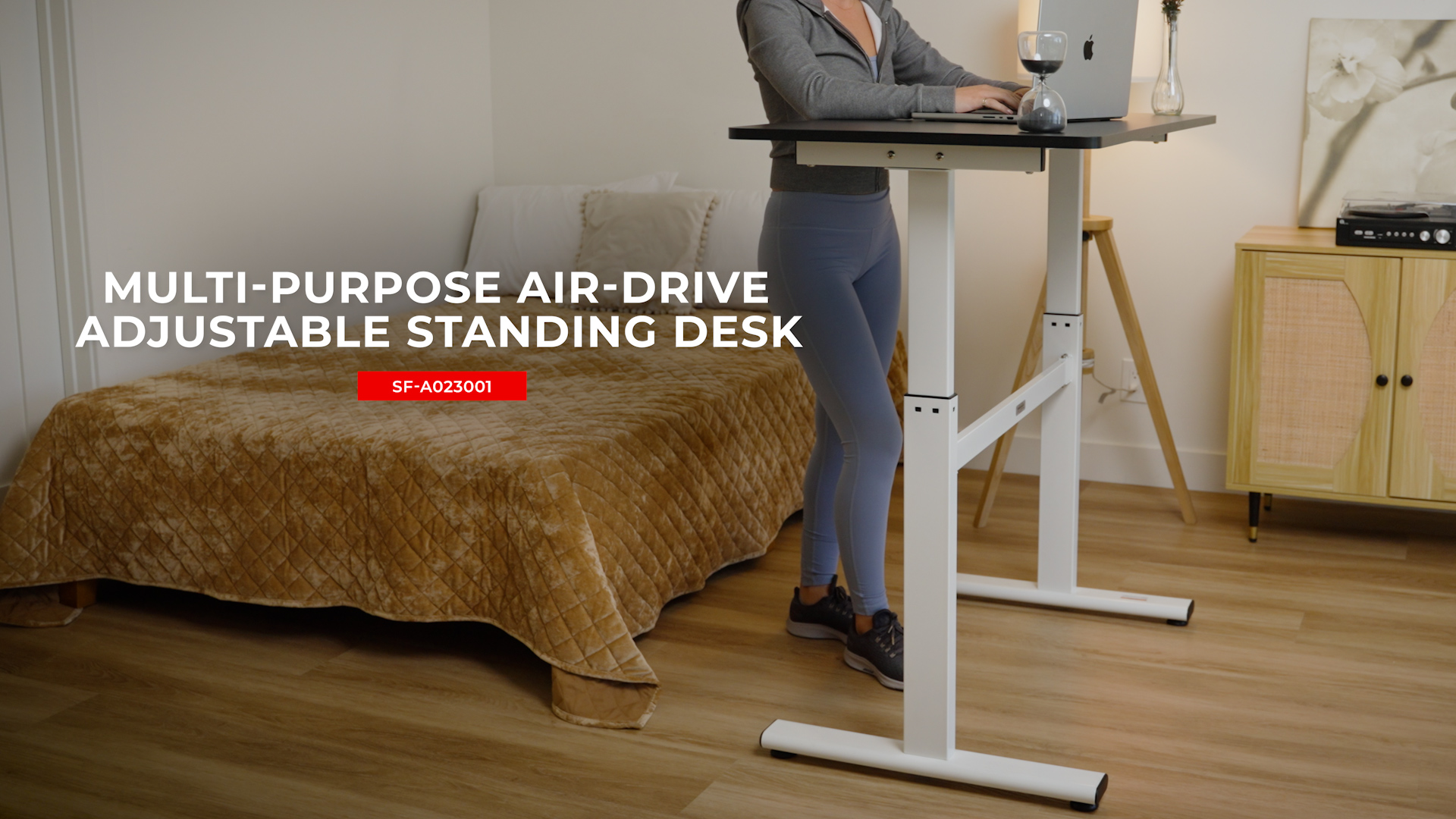 thumbnail video image 2 of Sunny Health & Fitness Multi-Purpose Air-Drive Adjustable Standing Desk, Pneumatic Air Lifting, Electricity-Free, Scratch-Resistant Surface with up to 47.2" Height, Treadmill Compatible SF-A023001, 2 of 7