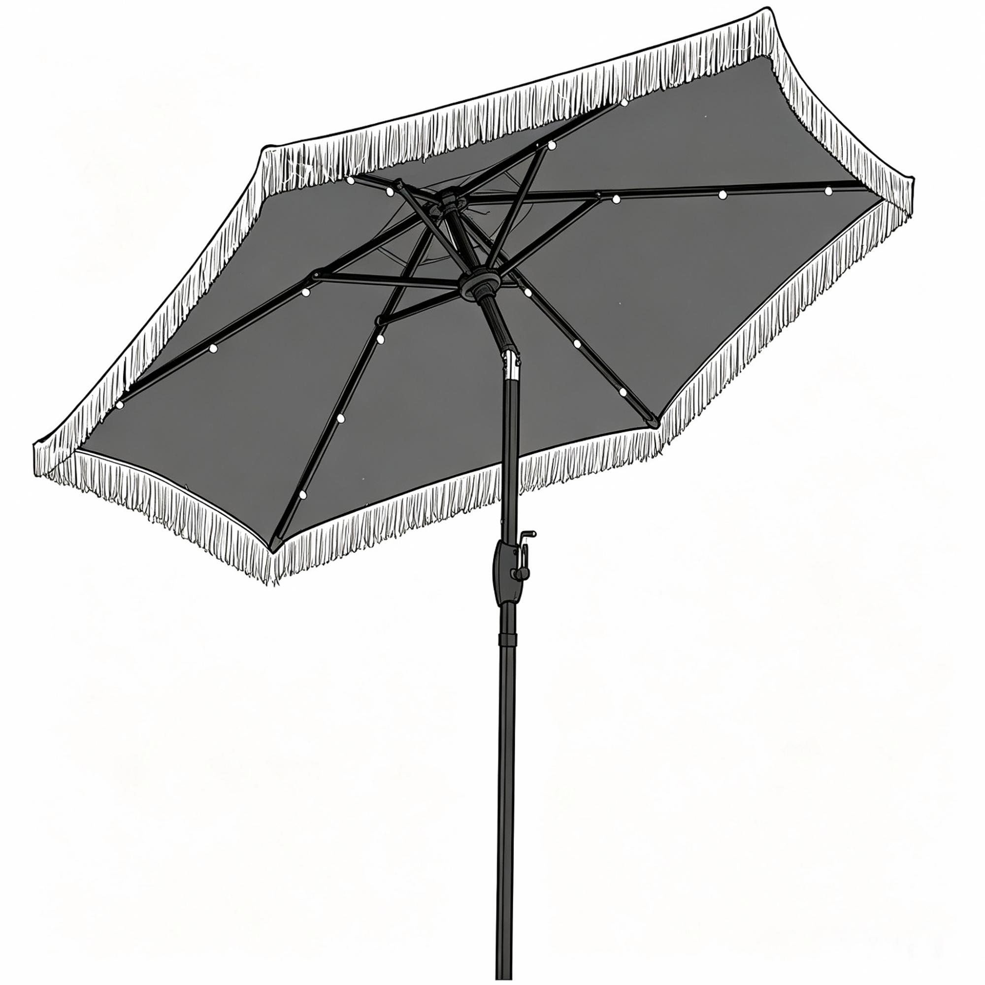 thumbnail video image 2 of Autlaycil 7.5 ft Beige Tassel Patio Umbrella with Base, 18 LED Lights Solar, and Push Button Tilt and Crank, 2 of 8
