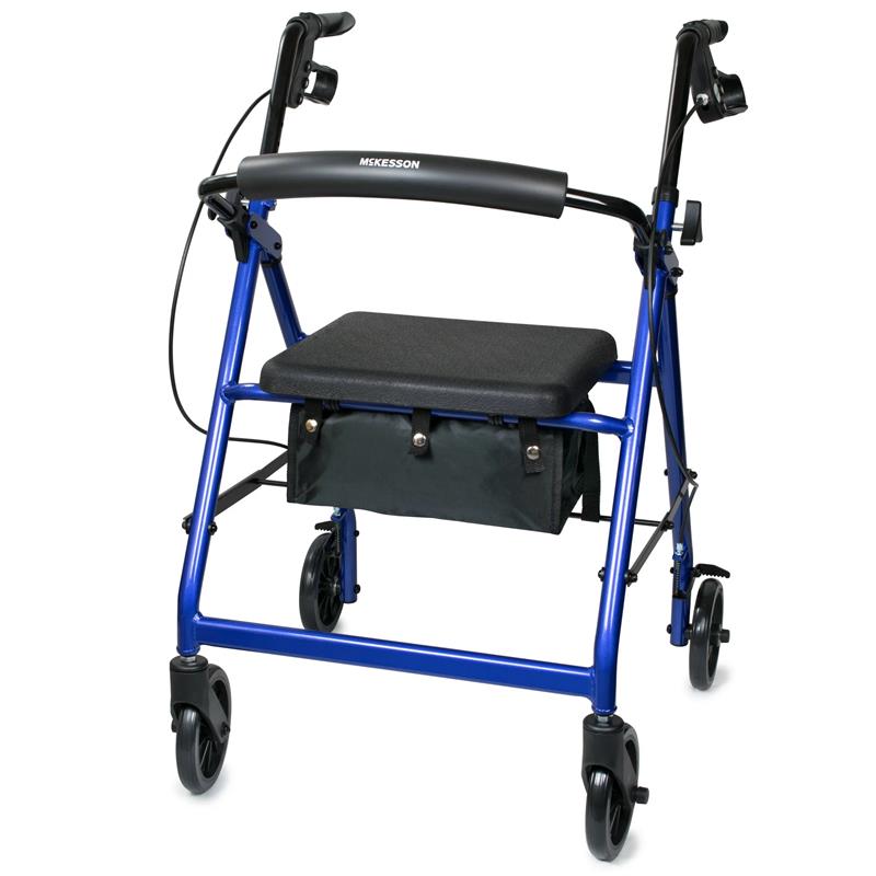 thumbnail video image 2 of McKesson Rollator Walker with Seat and Wheels - Blue, 300 lbs Capacity, 1 Ct, 2 of 3