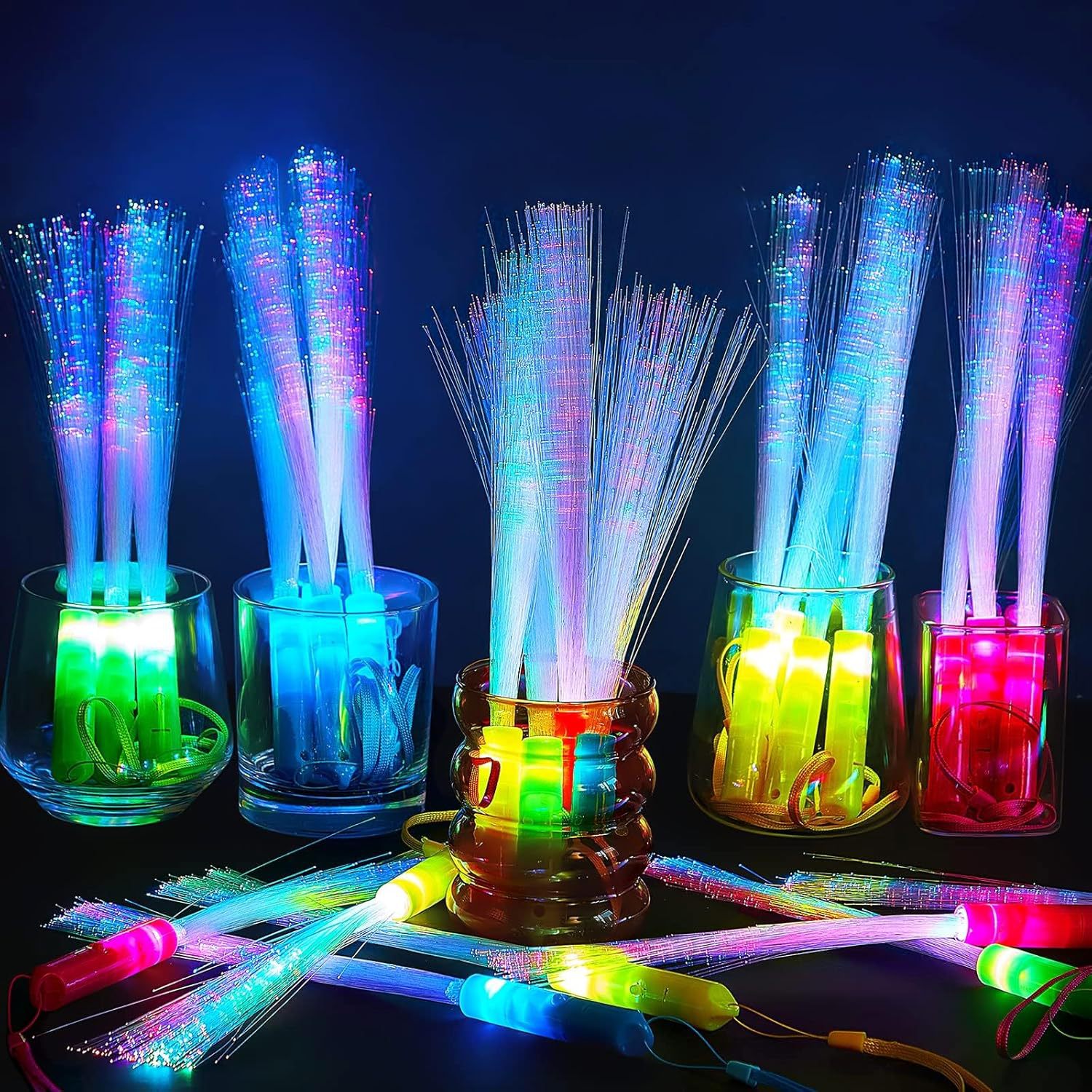 thumbnail video image 2 of 100Pcs Fiber Optic Wands Colorful Glow LED Light up Wand Bulk Flashing Sticks RGB with Included Batteries for Party Favor Wedding Birthday, 2 of 11
