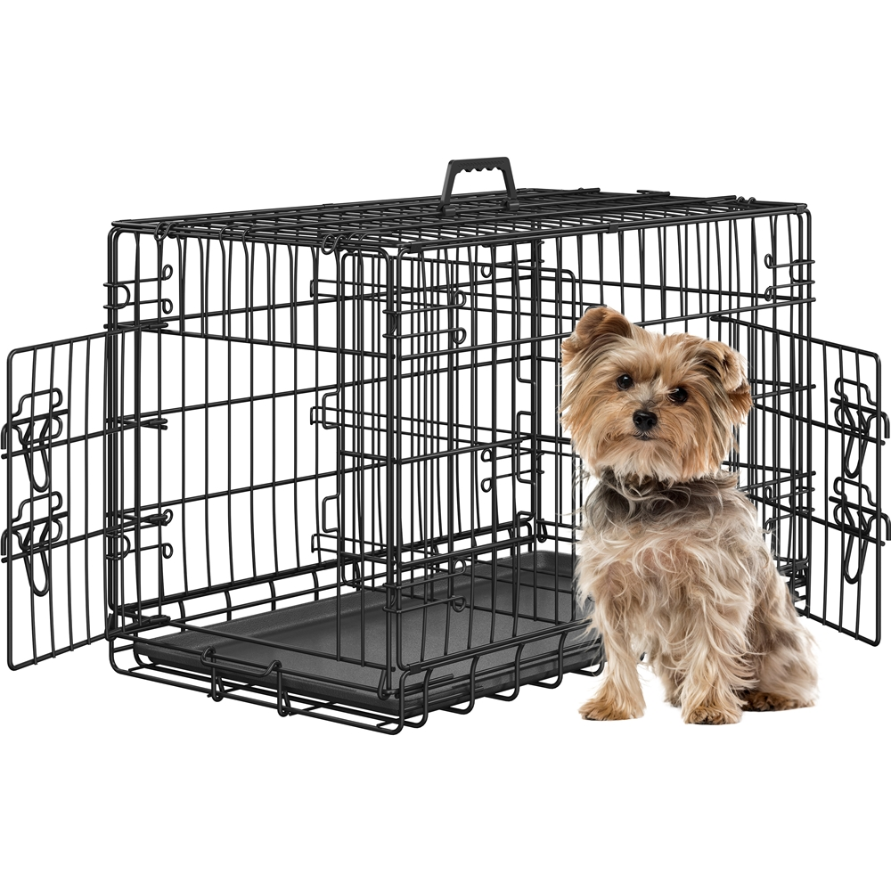 thumbnail video image 2 of Yaheetech 30'' Folding Metal Wire Pet Kennel Dog Crate with Divider and Pull-out Tray, Black, 2 of 9