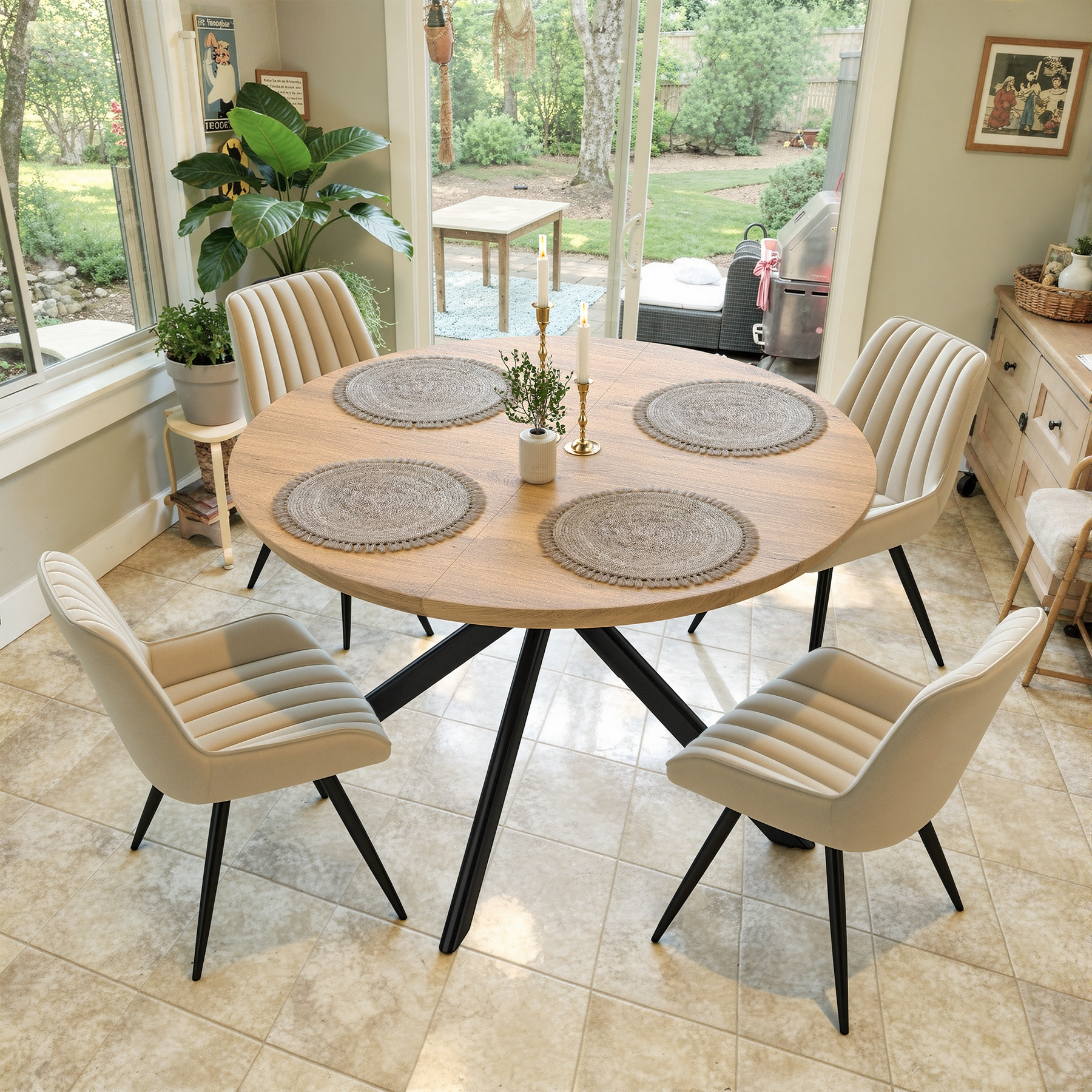 thumbnail video image 2 of Hawsaiy 3-Piece 47.2" Round Dining Table Set for 2, Modern Wood Kitchen Table with 2 Dining Chairs, Space-Saving Dining Set with Metal Base for Apartment, Small Space (Walnut + Brown), 2 of 10