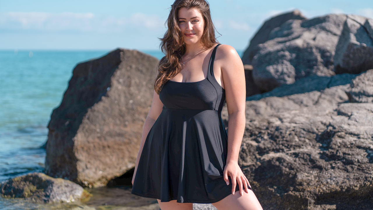 thumbnail video image 2 of RELLECIGA Women's Ruffle Pleated One Piece Skirt Vintage swim dress Retro One Piece Swimsuit Tummy Control One piece Swim Dresses Black Bathing Suit, 2 of 13