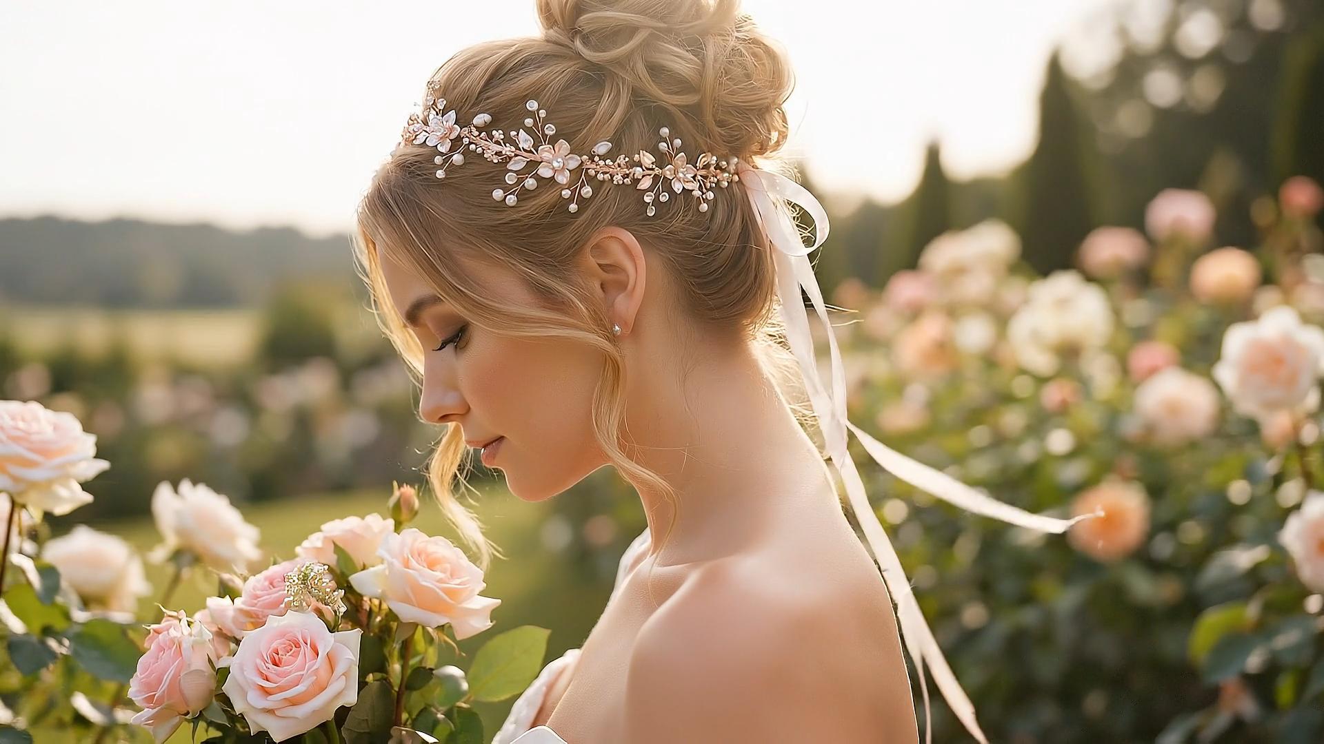 thumbnail video image 2 of Miallo Elegant Rose Gold Bridal Hair Vine with Faux Pearls, Shimmering Flower Wedding Headband with Organza Ribbon for Holiday Ball Party, 2 of 7