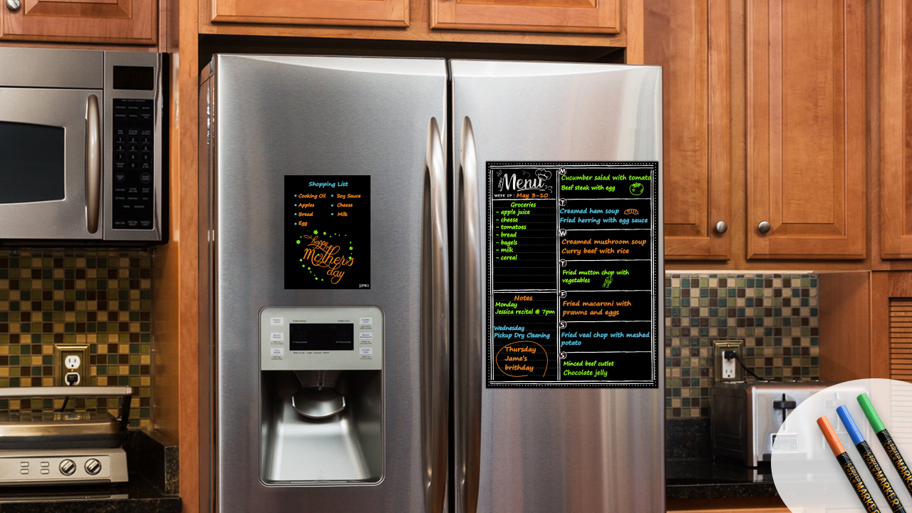 thumbnail video image 2 of JJPRO Magnetic Dry Erase Menu Blackboard for Fridge-Weekly Meal Planner Chalkboard with Notepad Blackboard Set for Kitchen Refrigerator-Refrigerator Organizer with Menu Planning Board, 2 of 7