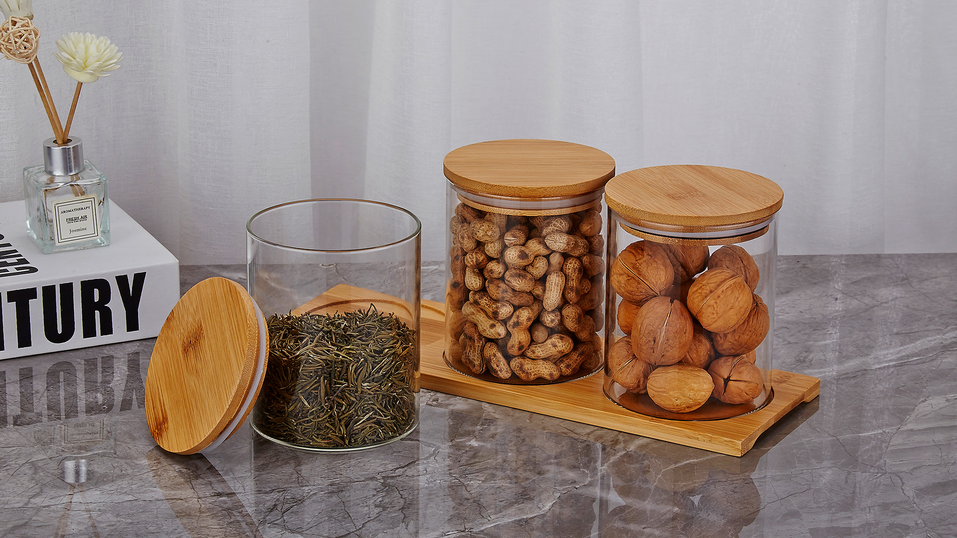 thumbnail video image 2 of SANQIAHOME Glass Coffee Sugar Containers with Shelf, 3 x 27 OZ Coffee Bean Storage Station Organizer,Airtight Seal,Food Storage Jar for Kitchen, 2 of 10