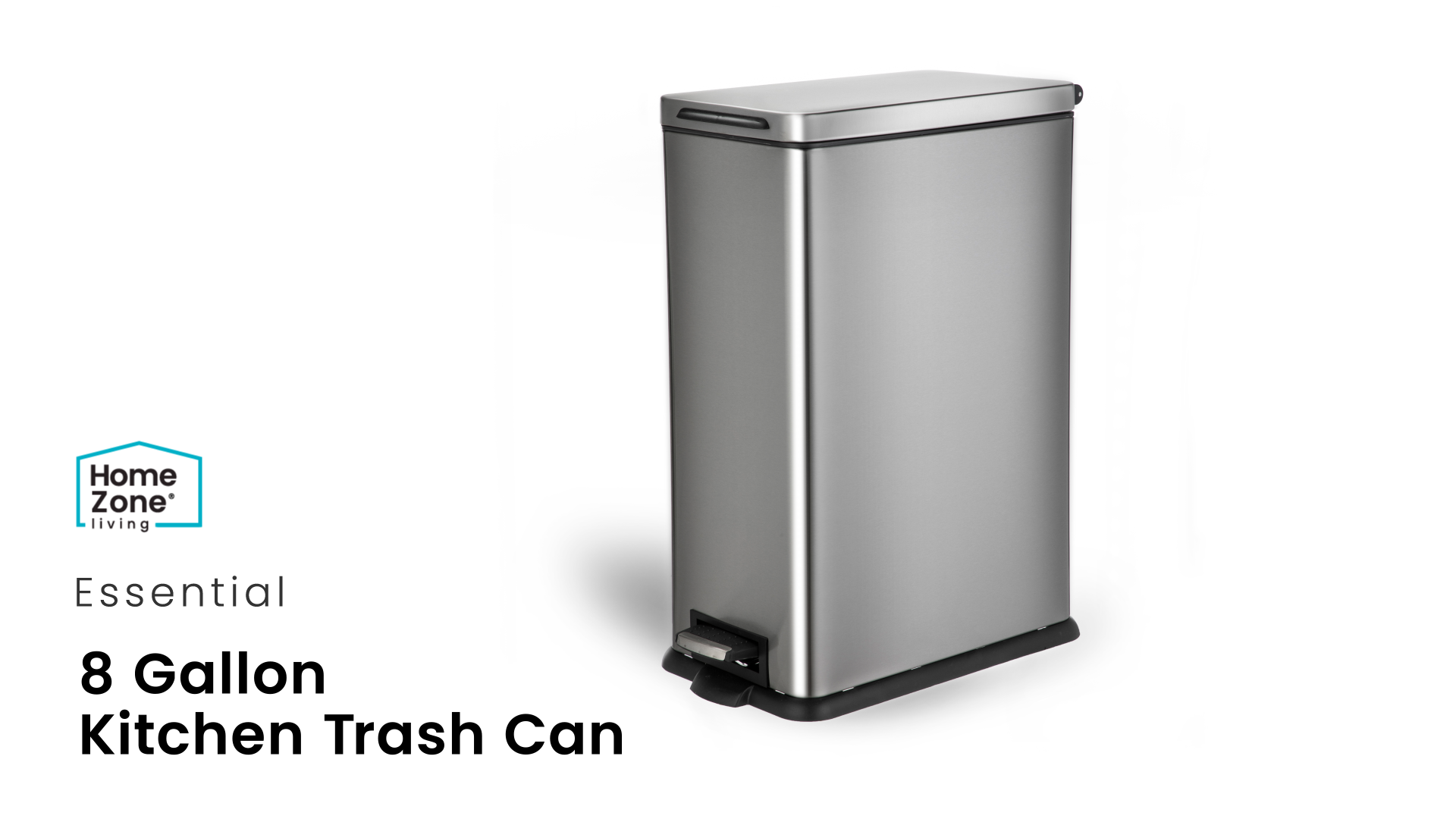 thumbnail video image 2 of Home Zone Living 8 Gallon Slim Stainless Steel Kitchen Trash Can with Step Pedal and Soft Close Lid, Silver, 2 of 8