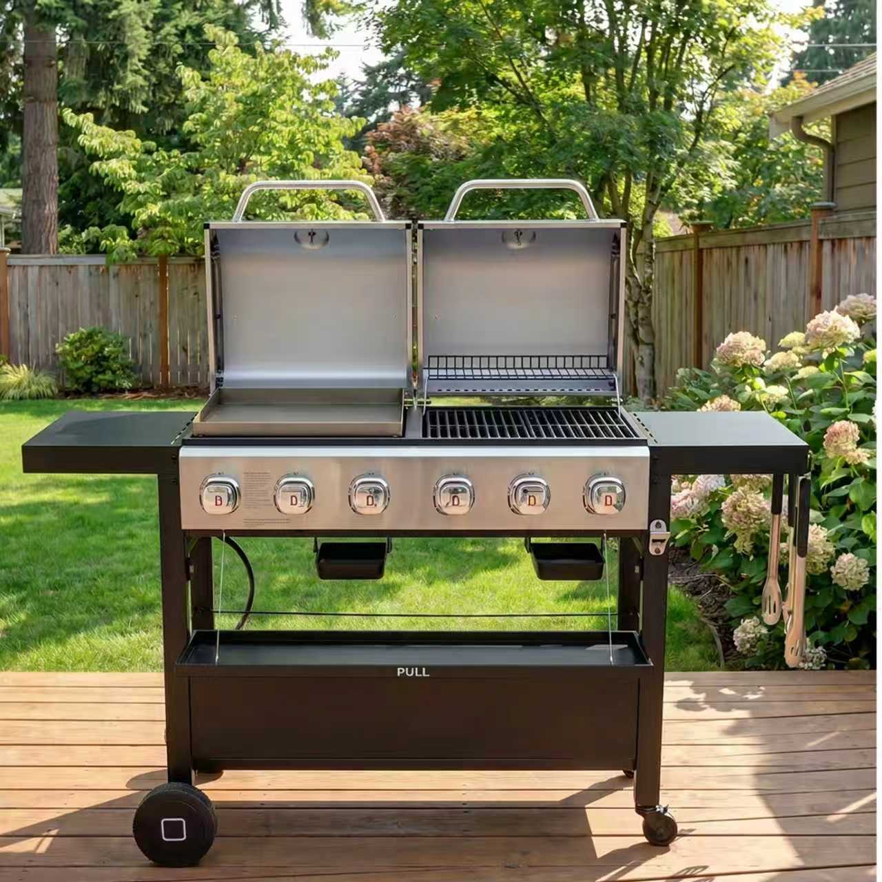 thumbnail video image 2 of Flintex 6-Burner Propane Gas Grill Griddle Combo, 2-in-1 Dual Outdoor BBQ with Porcelain-Enameled Cast Iron Grates & Cast Iron Griddle, Stainless Steel Lids for Backyard Cooking, 2 of 13