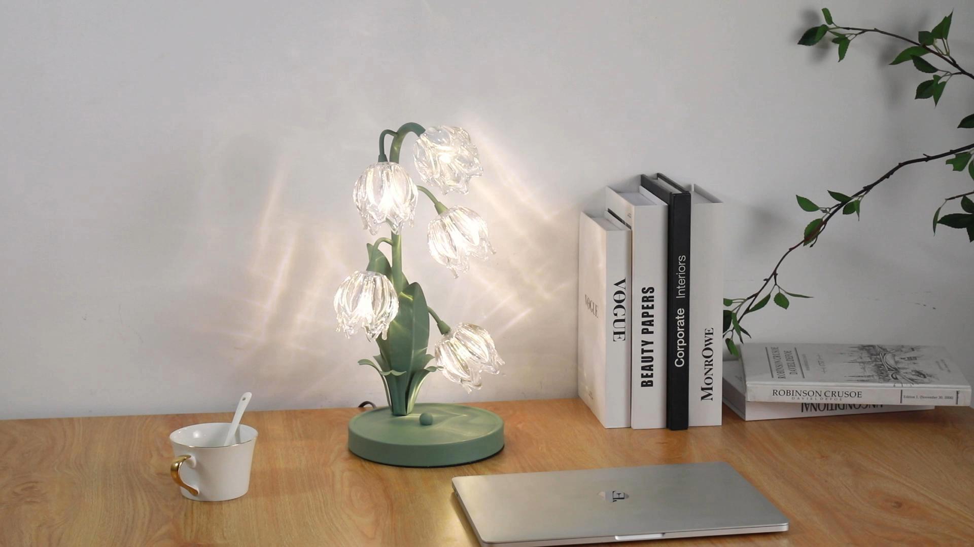 thumbnail video image 2 of JOPESO Table Lamp, Flower Tablelamp 5 Lily of The Valley Bedside Lamps Vintage Flower Night Light, 3 Color Modes Cute Nightstand Lamps with G4 Led Bulbs for Bedroom, Living Room,Office, Home Decor, 2 of 10