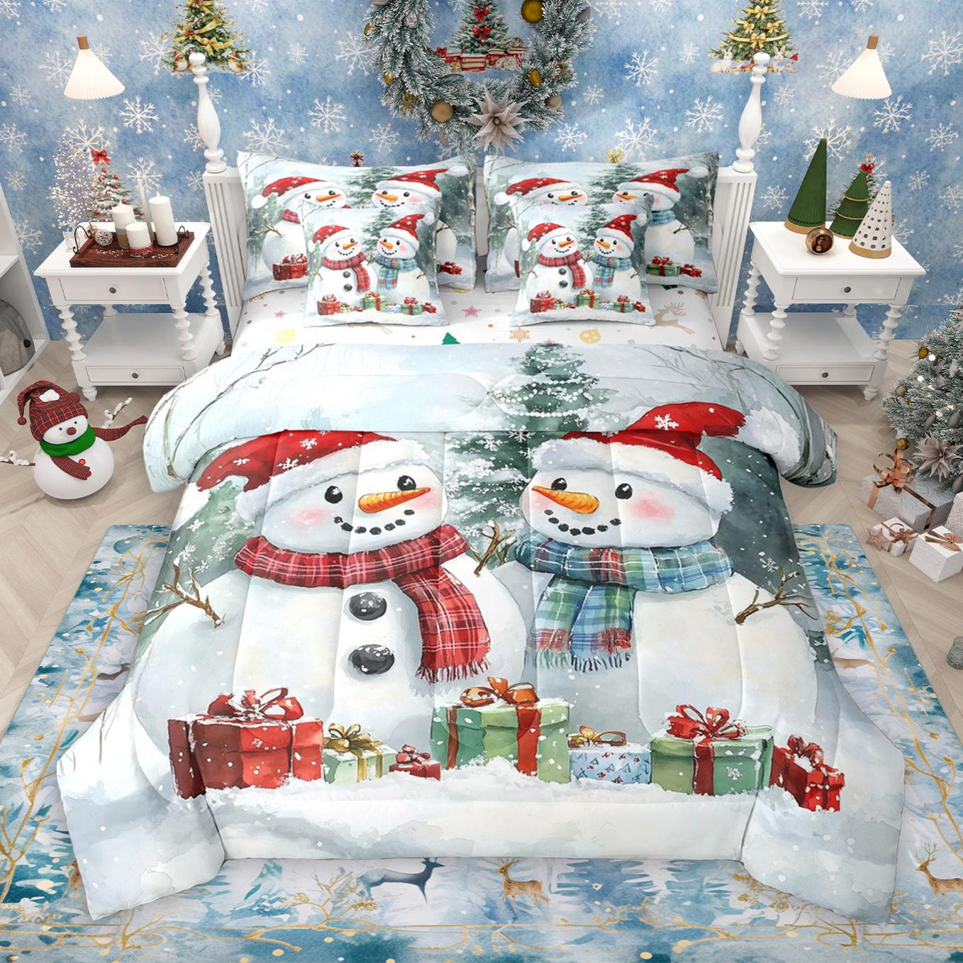 thumbnail video image 2 of Manfei Kawaii Snowman Deer 7 Pieces Bedding Comforter Set,Winter Theme Full Bedding Set,White Blue Fitted Sheet Flat Sheet For Girls Kids,Microfiber Bedroom Decor Reversible, 2 of 9