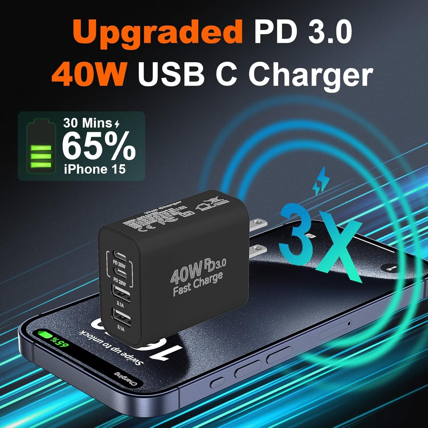 thumbnail video image 2 of USB C Charger Block, 40W 4-Port Type C Charger Fast Charging Blocks PD Power Charger Adapter+QC 3.0 USB Multiport Charger Brick Compatible with iPhone 17/16/15/14/13/12/11,iPad,Galaxy S25,Black, 2 of 7
