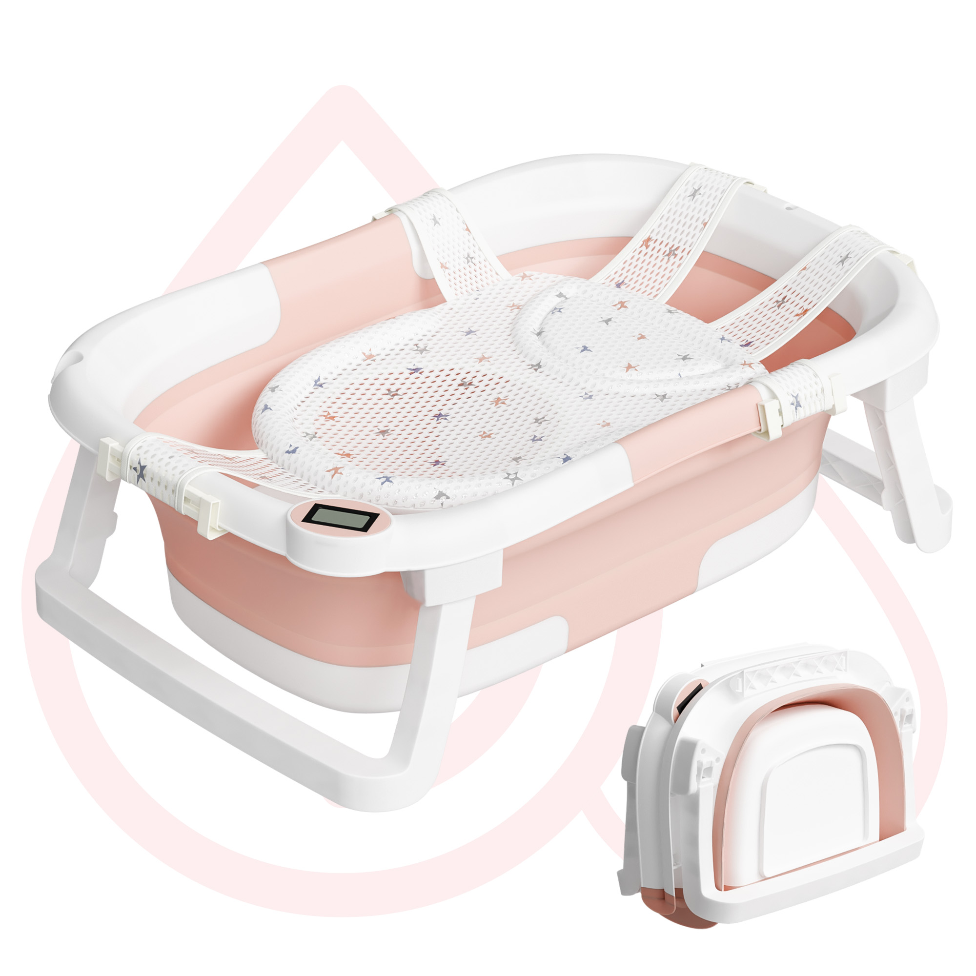 thumbnail video image 2 of Aprpink Foldable Baby Bathtub PP+TPE with Soft Bath Net&Thermometer for 0-36 Months Toddler Pink, 2 of 8