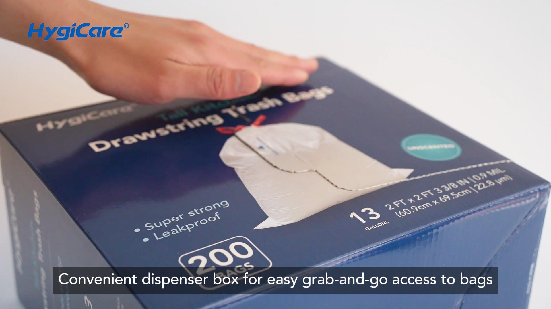 thumbnail video image 2 of HygiCare 13 Gallon Drawstring Trash Bag, Tall Kitchen, 200 Count, Unscented, Super Strong, Leakproof, 2 of 9