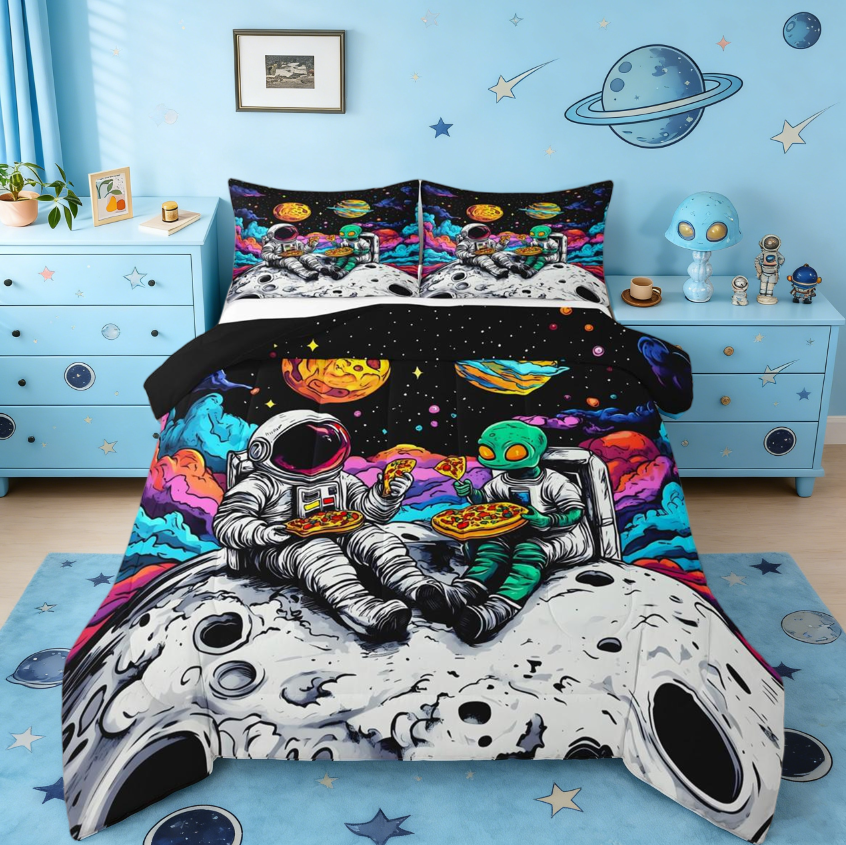 thumbnail video image 2 of jejeloiu Colorful Astronaut Theme Queen Comforter Set,Hippie Alien Bedding Sets,Cartoon Astronau Bedding Comforter Set For Boys Kids,Breathable Home Decor Reversible,3 Pieces, 2 of 10