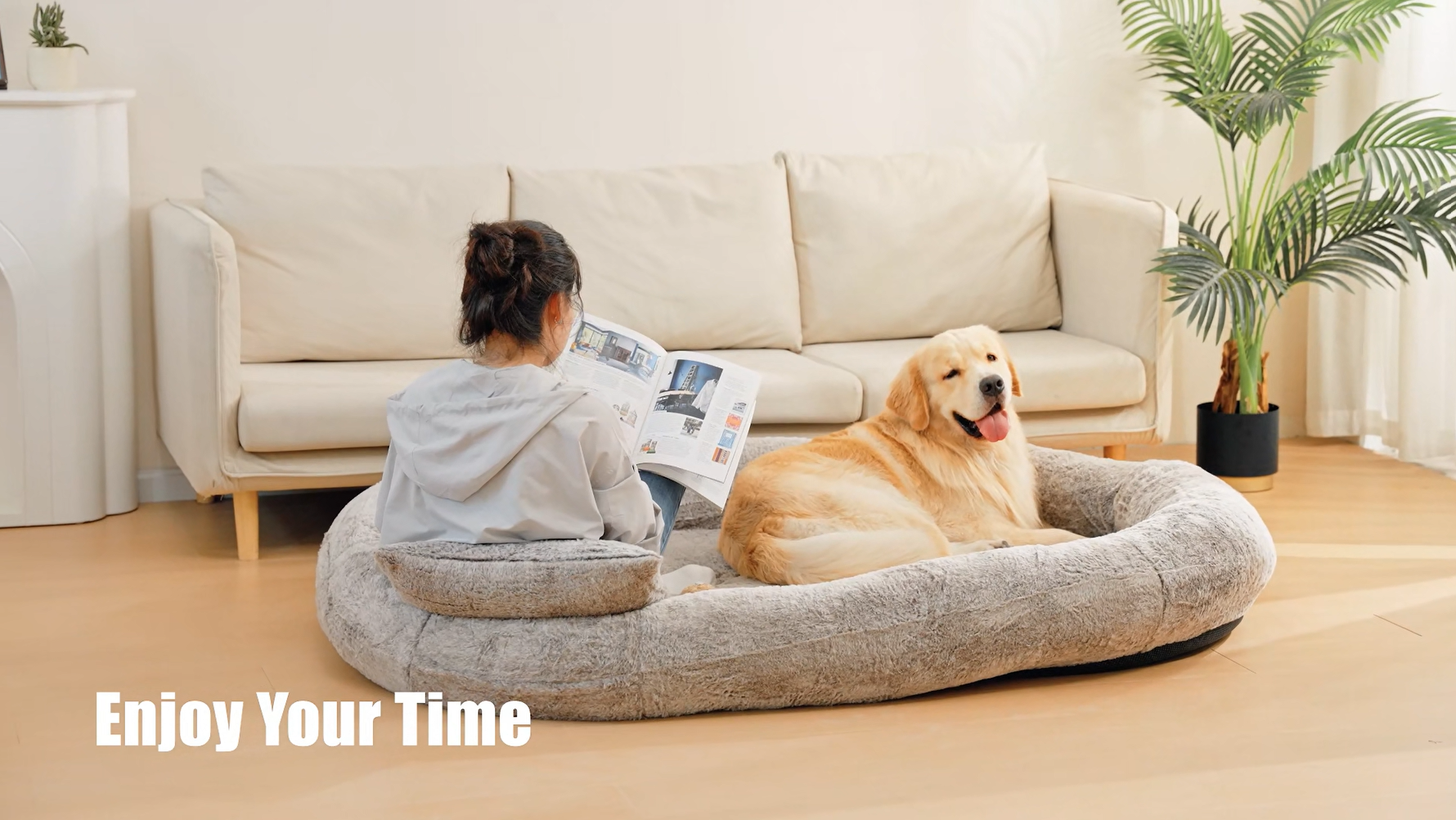 thumbnail video image 2 of Human Dog Bed for Pets and Adults, 71"x45"x14", Washable Faux Fur Cover with Blanket and Pillow, Extra Large Human Size Beanbag Bed,Camel, 2 of 7