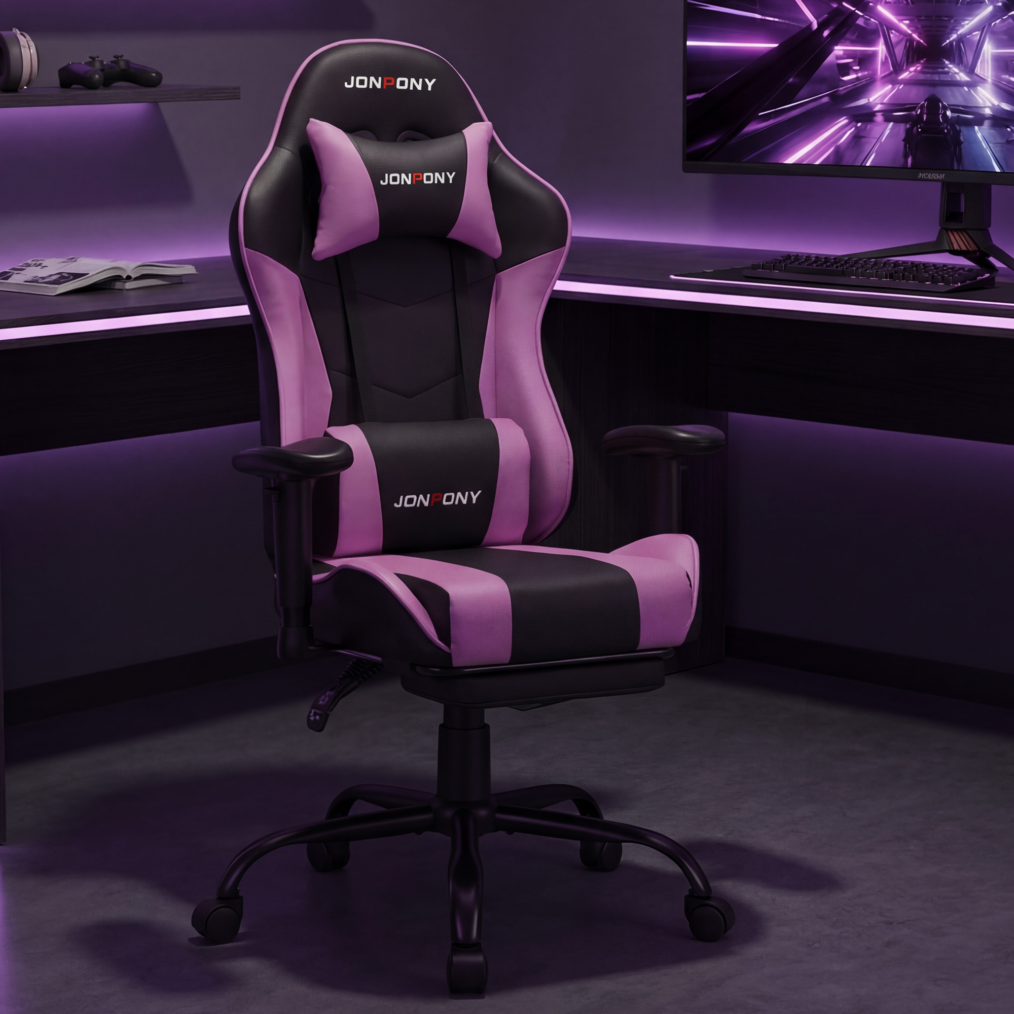 thumbnail video image 2 of JONPONY Big and Tall 500LBS Gaming Chair with Footrest and Lumbar Support, High Back Ergonomic Recliner,Height Adjustable Leather Computer Desk Chair for Home Office, Purple, 2 of 8