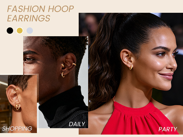 thumbnail video image 2 of KeyStyle 9mm Hoop Earrings for Men, Black Women Small Hoop Earrings Hypoallergenic Lightweight Huggie Earrings Jewelry Christmas Father's Day Gift, 2 of 9