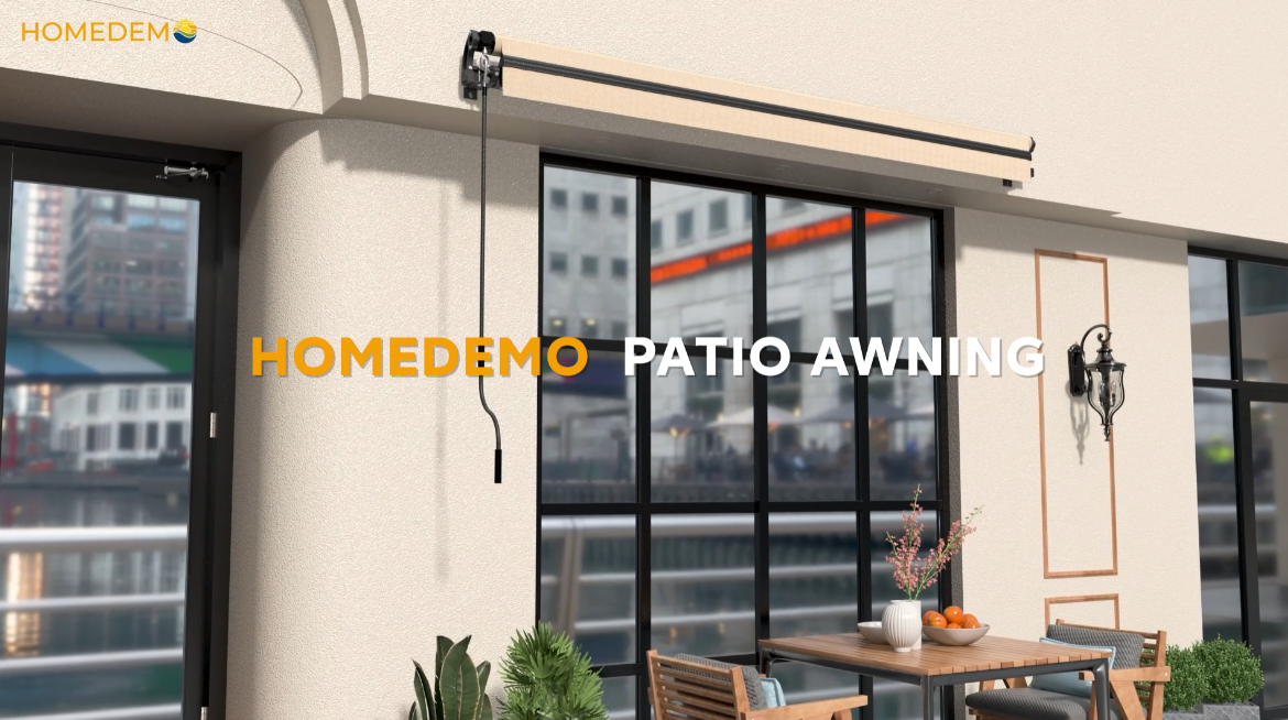 thumbnail video image 2 of HOMEDEMO 10x8 Retractable Awning for Patio, Manual Awnings, Sunshade Shelter Crank Handle, UV & Water-Resistant Polyester Cover and Aluminum Frame for Balcony, Yard, Outdoor Deck, Beige, 2 of 7