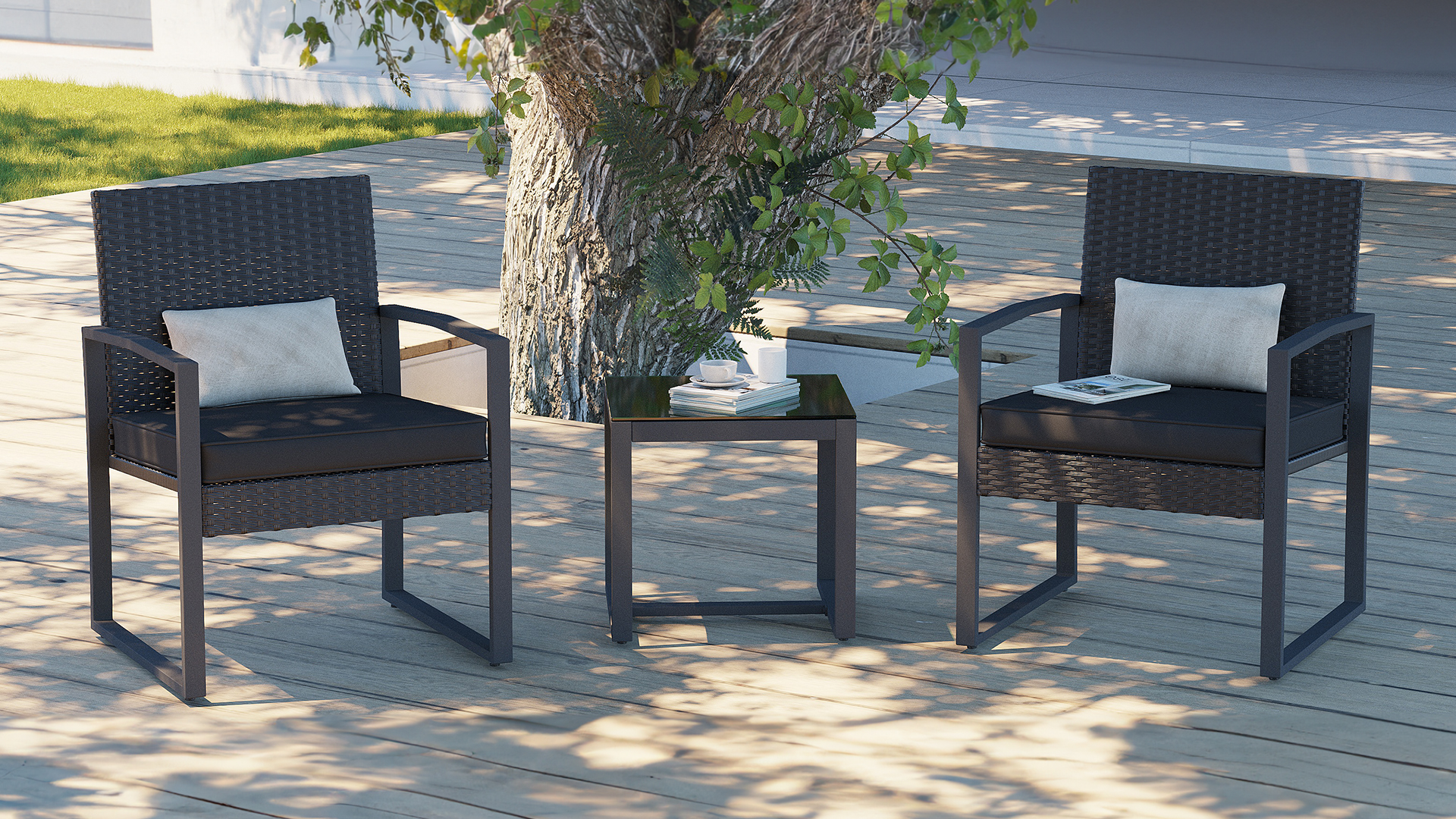 thumbnail video image 2 of JOIVI 3-Piece Wicker Patio Furniture Bistro Set, Outdoor Rattan Conversation Set with Patio Chairs and Tempered Glass Top Side Table for Porch, Balcony, Deck, Backyard, Gray, 2 of 9